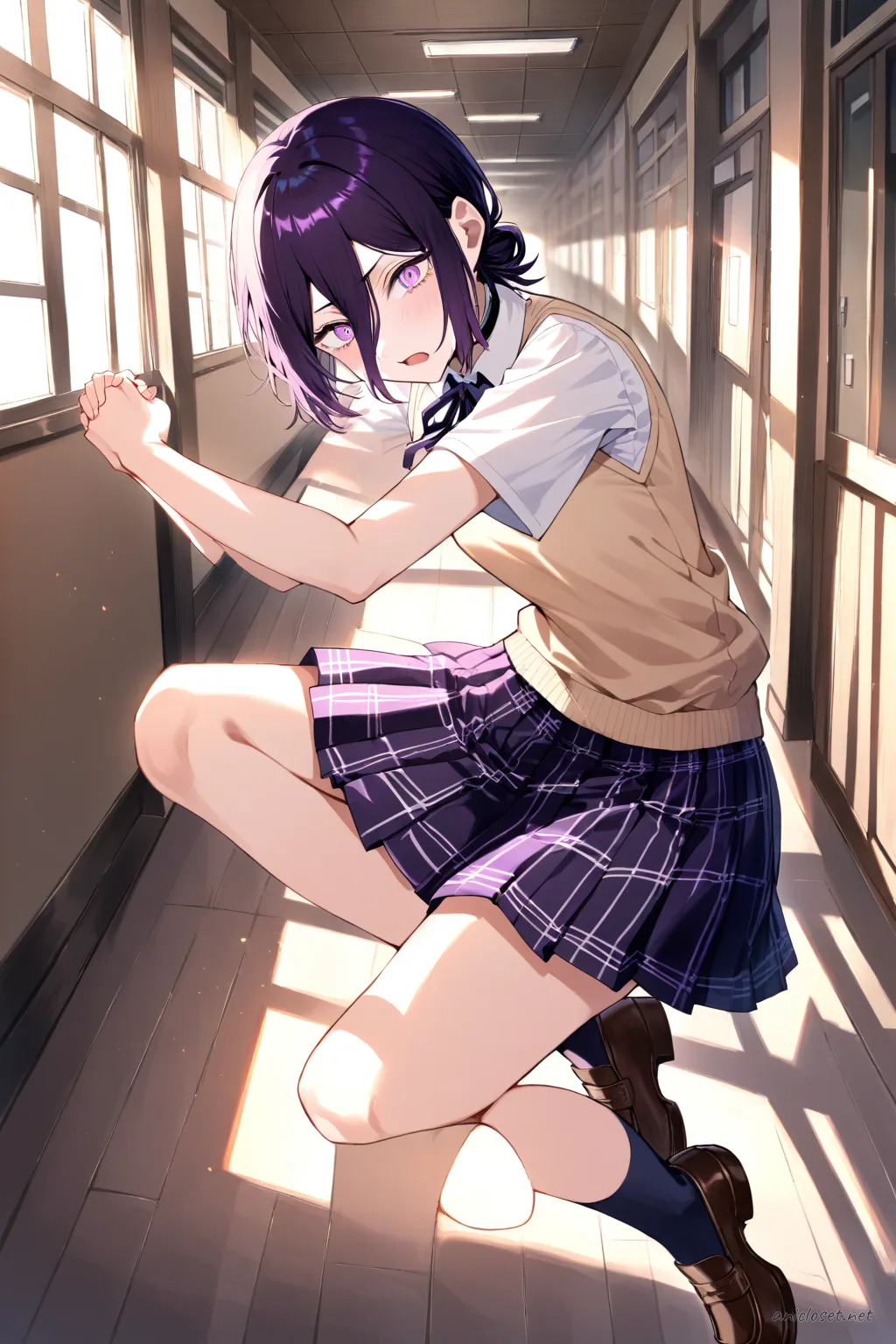 Full body front view illustration of Reze wearing a beige sweater vest over a white button-up shirt, red and navy plaid pleated skirt, navy over-the-knee socks, and brown loafers