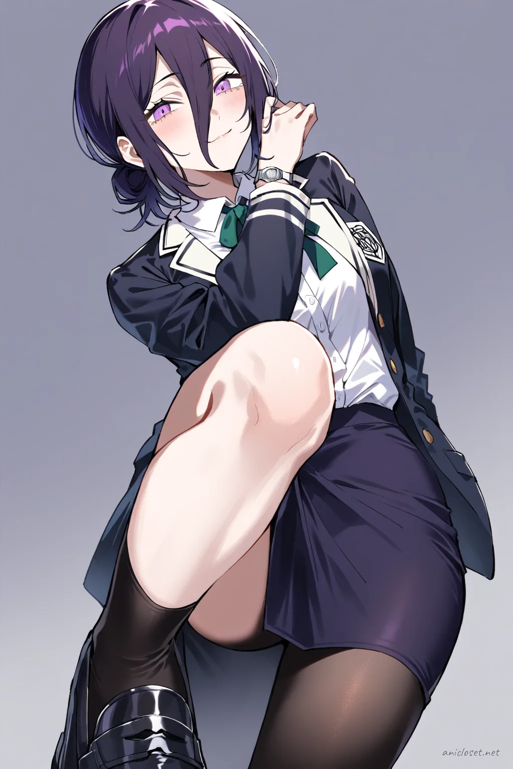Full-body illustration of Reze wearing a navy private academy blazer with emblem, white dress shirt, red necktie, black pencil skirt, and black loafers against a clean studio backdrop
