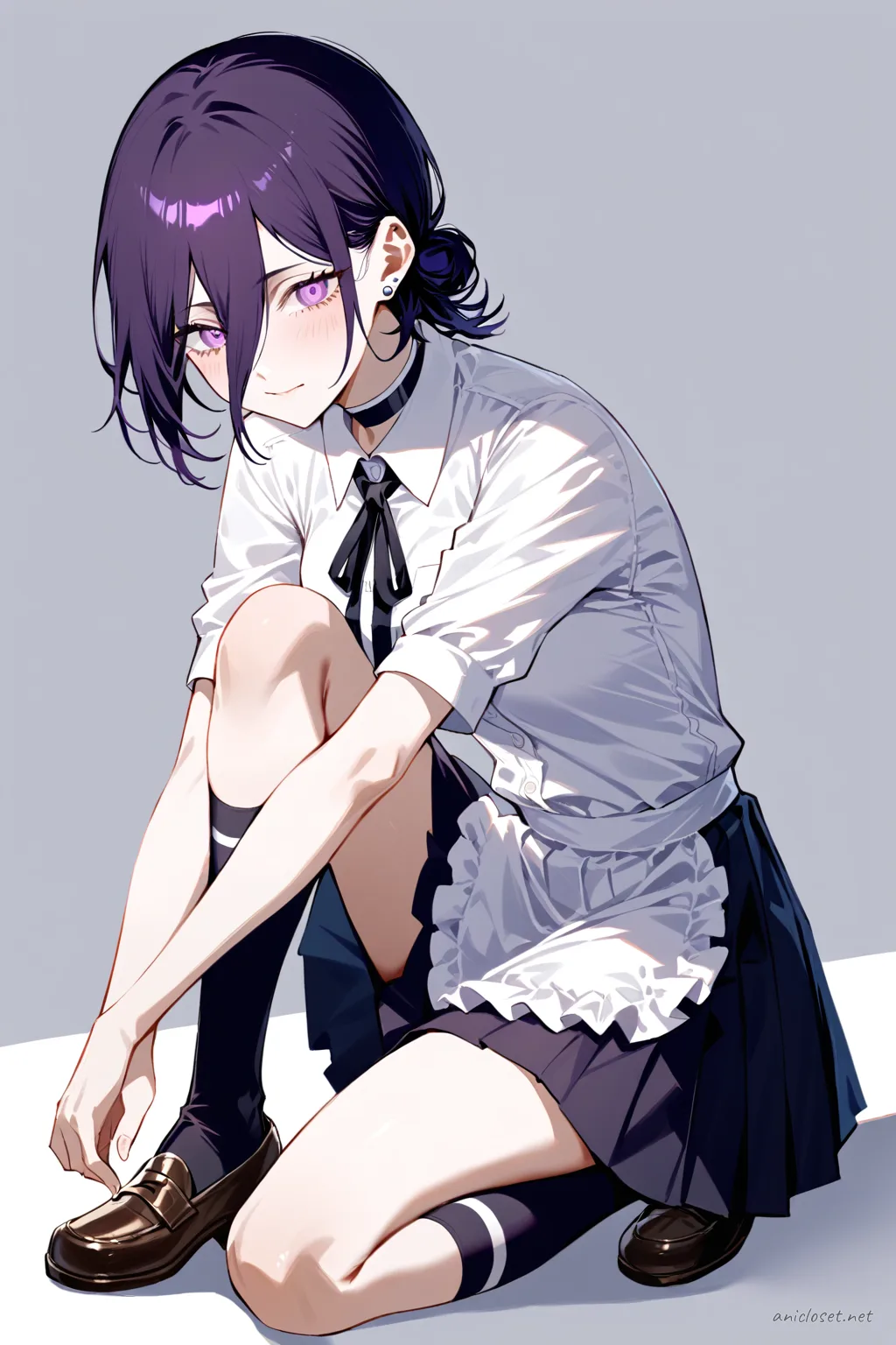 Full body front view of Reze wearing a white blouse, black pleated skirt, black maid apron with lace trim, knee-high socks, and black Mary Janes shoes