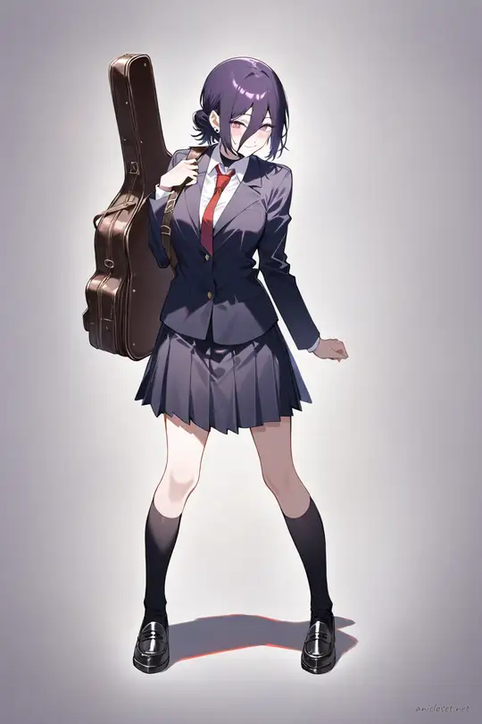 Full body illustration of Reze in a navy blazer, white dress shirt, red ribbon tie, gray pleated skirt, knee-high socks, brown loafers, holding a black instrument case, standing