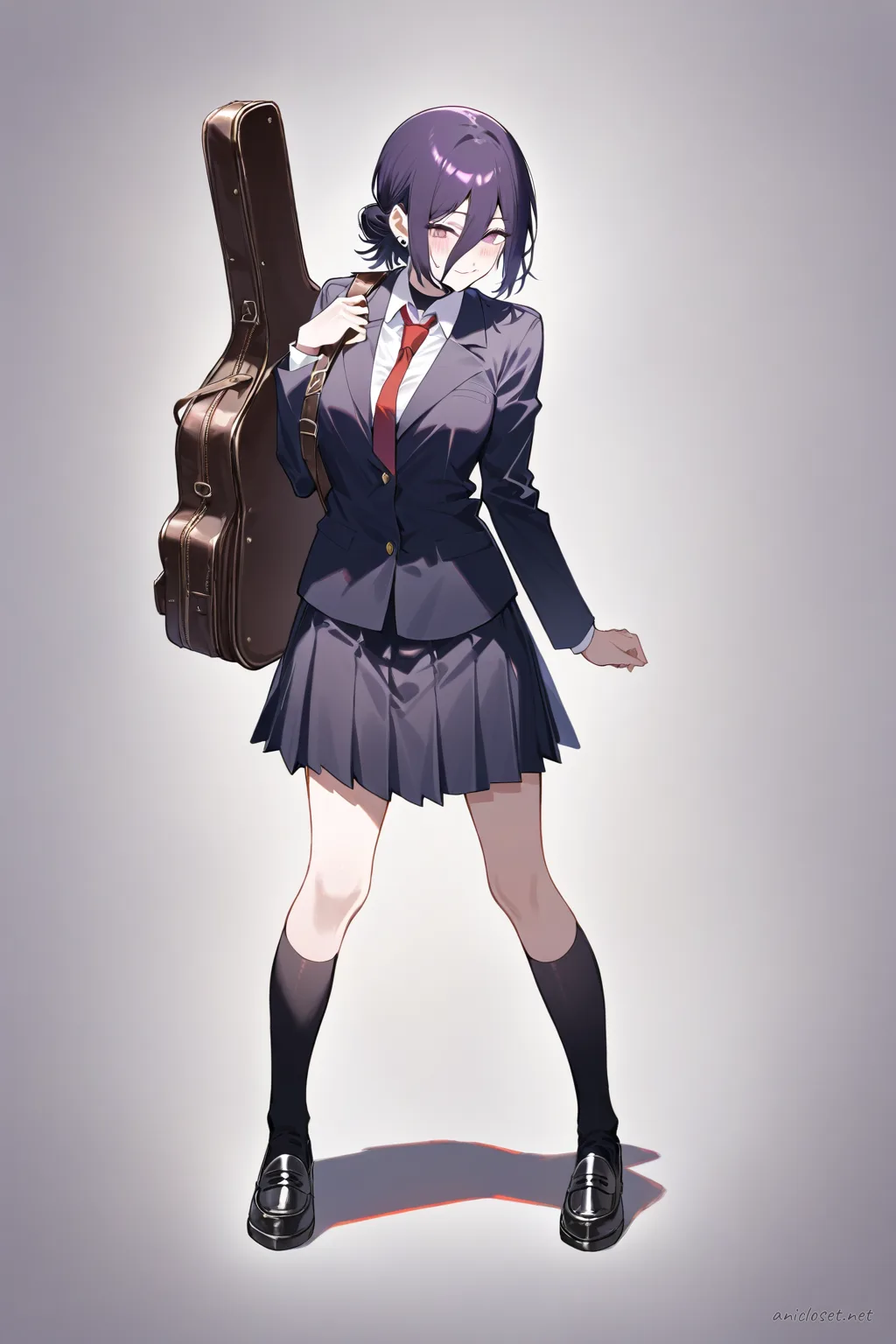 Full body illustration of Reze in a navy blazer, white dress shirt, red ribbon tie, gray pleated skirt, knee-high socks, brown loafers, holding a black instrument case, standing