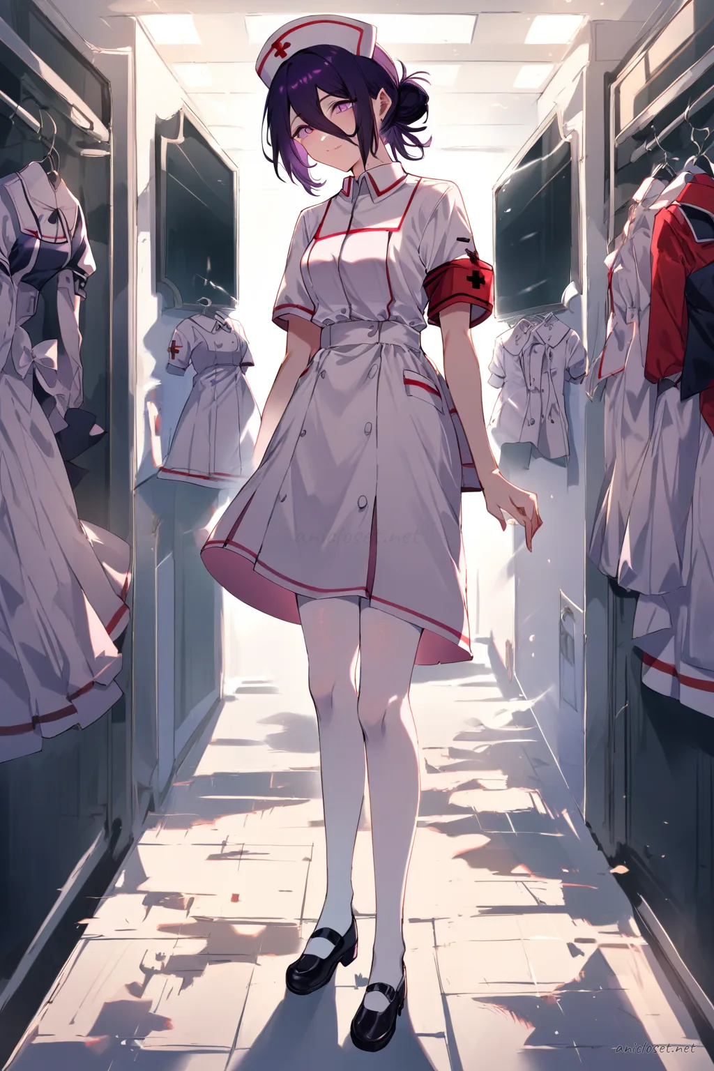 Illustration of Reze wearing a moe nurse uniform dress with short hem, nurse cap, red cross armband, sheer white tights, and mary janes