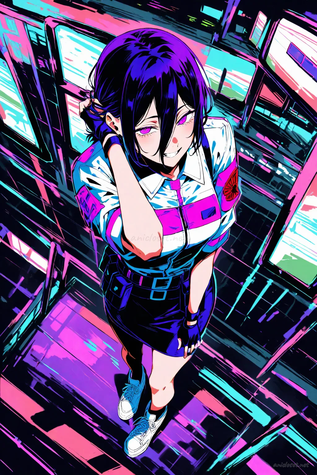 Illustration of Reze wearing a fitted paramedic jacket with reflective stripes, short cargo skirt, utility belt, white sneakers, and fingerless gloves