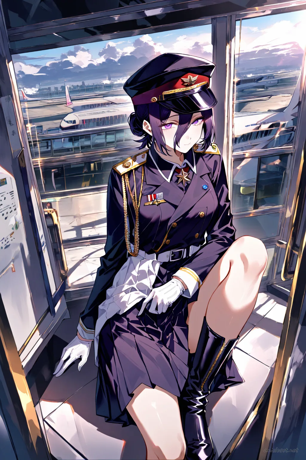 Front cowboy shot of Reze in military-dress parade uniform with fitted jacket, pleated short skirt, peaked cap, white gloves, medal pins, and polished knee-high boots