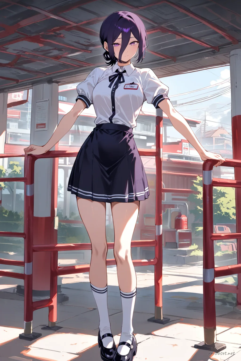 Full body front view of Reze in navy short-sleeve traffic officer uniform with white gloves, peaked cap, pencil skirt, black tights, and black loafers