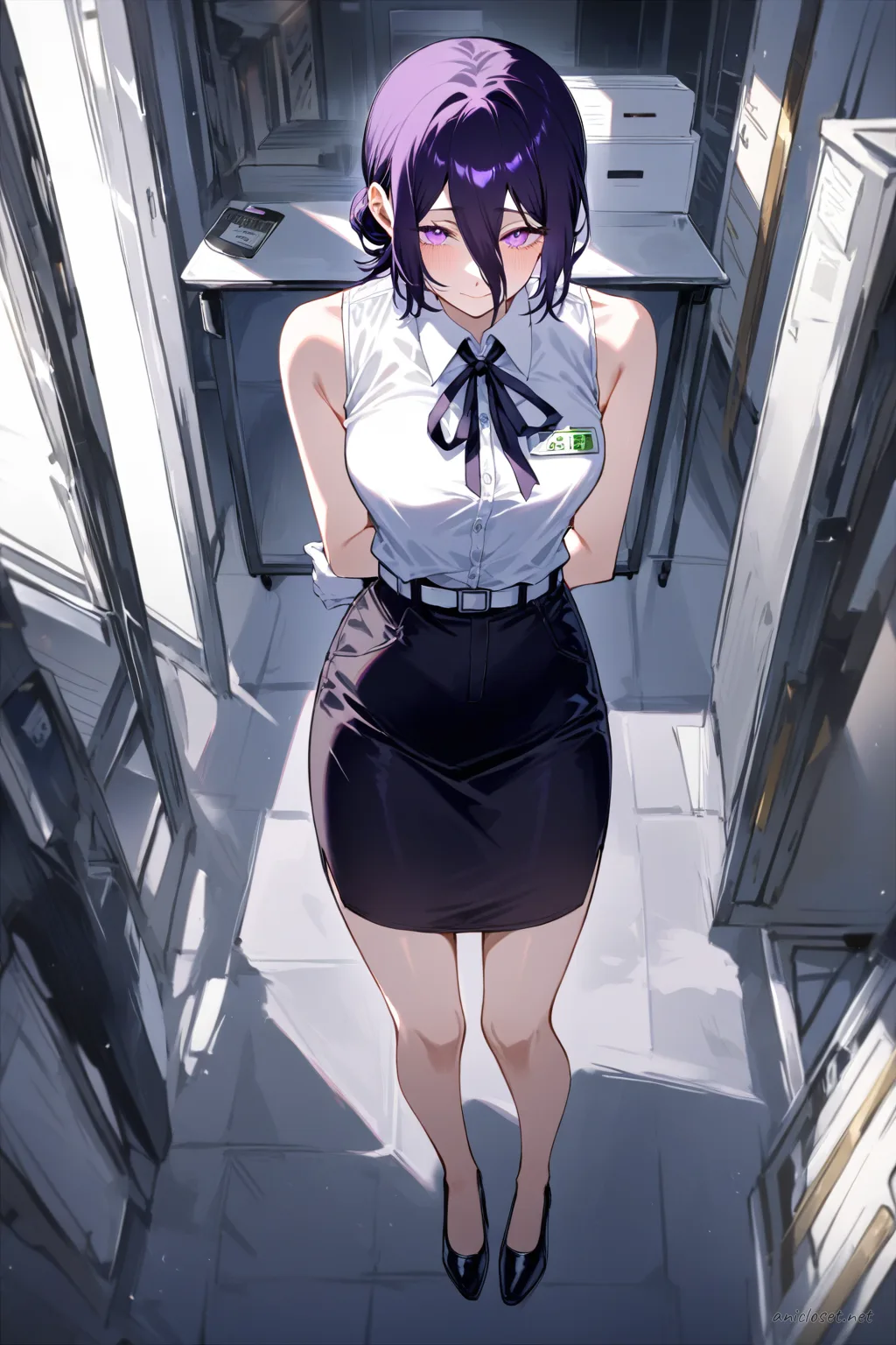 Full-body illustration of Reze in a hotel front-desk concierge uniform with white fitted blouse, black tailored vest, pencil skirt, black pumps, and name badge