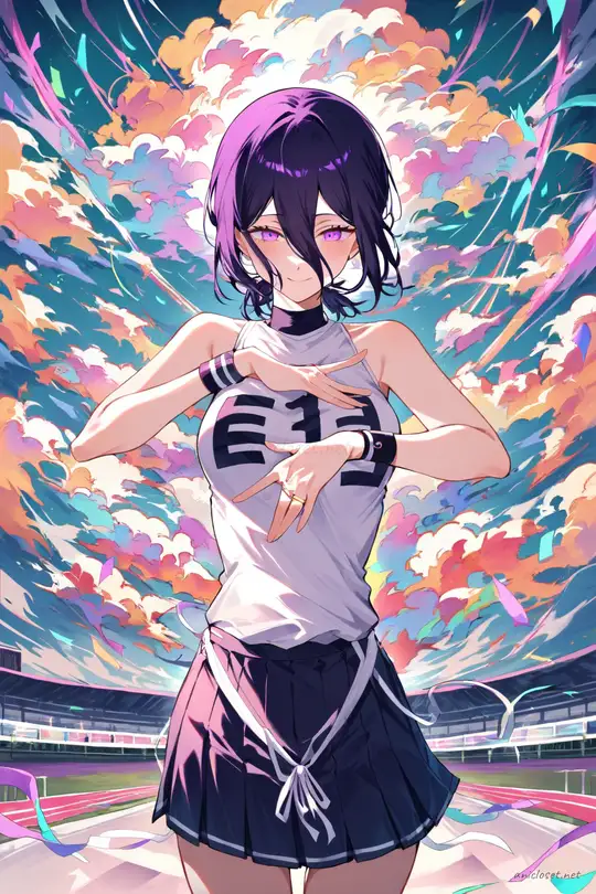 Full-body illustration of Reze wearing a cheer squad crop sweater, short pleated skirt, knee socks, and sneakers, standing against a clean studio backdrop