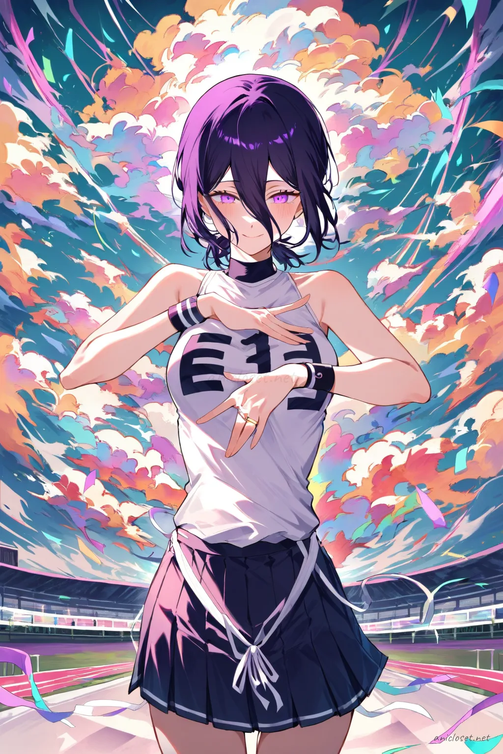 Full-body illustration of Reze wearing a cheer squad crop sweater, short pleated skirt, knee socks, and sneakers, standing against a clean studio backdrop