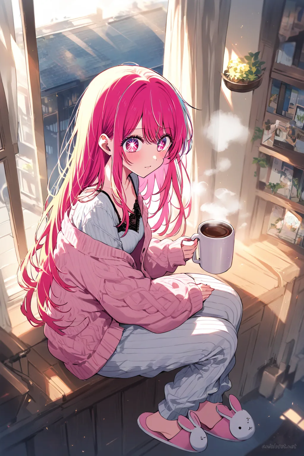 Full-body illustration of Ruby Hoshino in a chunky oversized cardigan, lace camisole, soft striped pajama pants, and bunny slippers standing against a clean studio backdrop