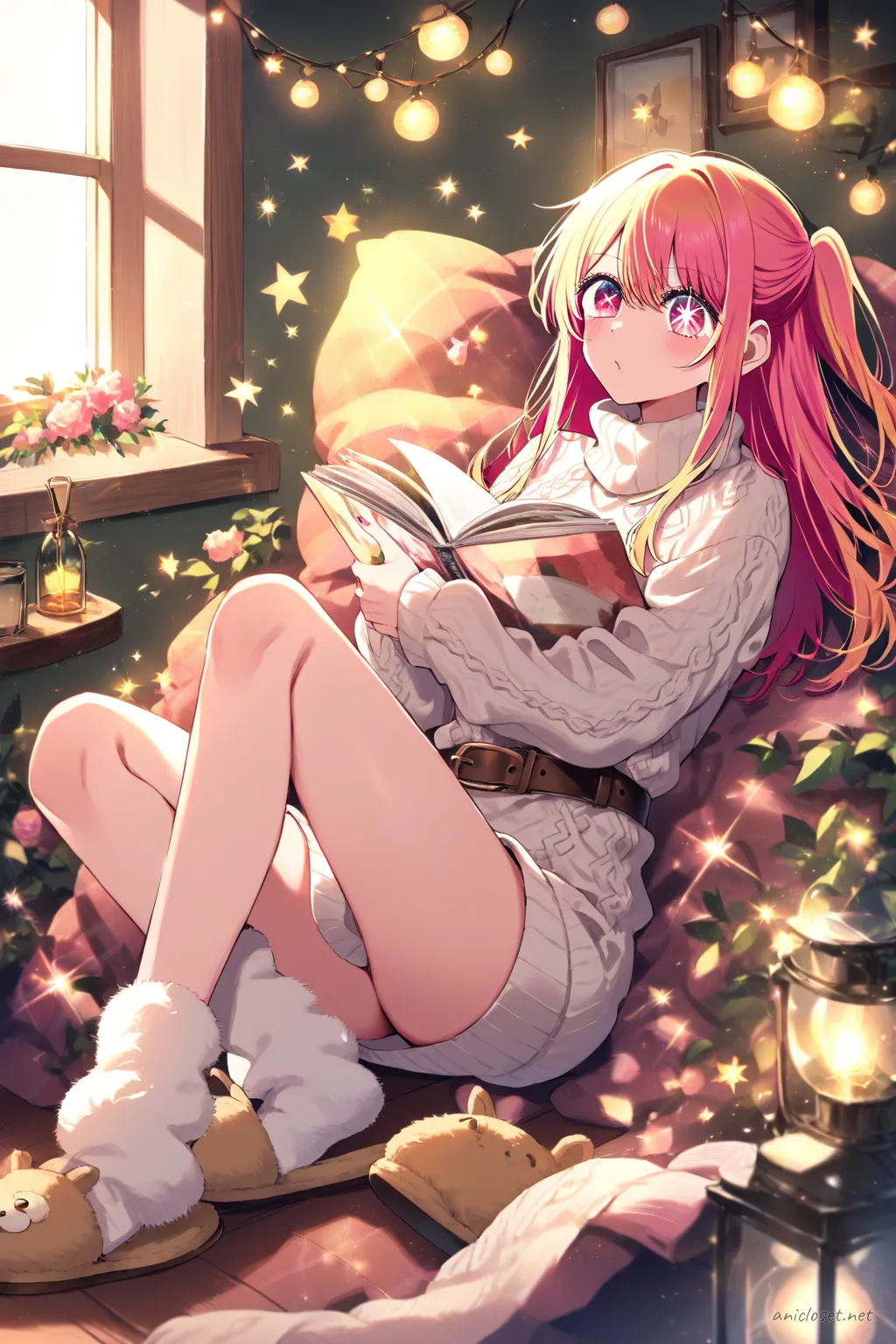 Full-body illustration of Ruby Hoshino in a cream cable knit sweater dress with brown belt, fuzzy knee socks, and beige house slippers standing against a clean studio backdrop