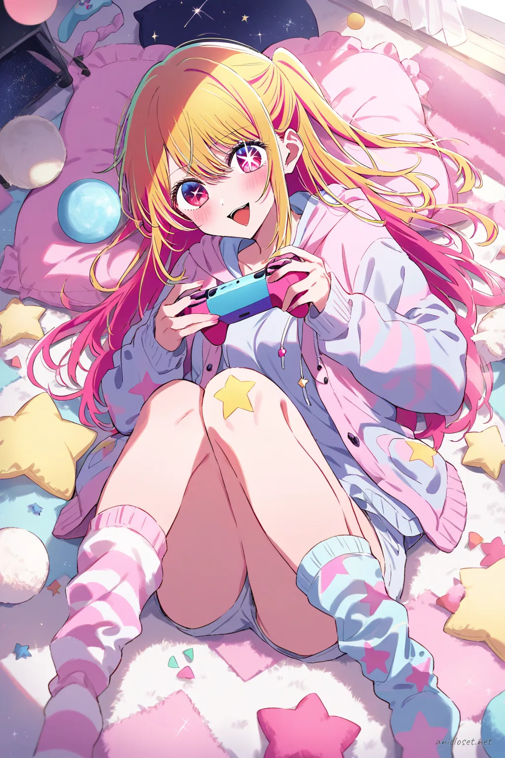 Full body illustration of Ruby Hoshino standing in pastel pink fleece hoodie with star print, white ribbed short shorts, mismatched knee socks, holding game controller