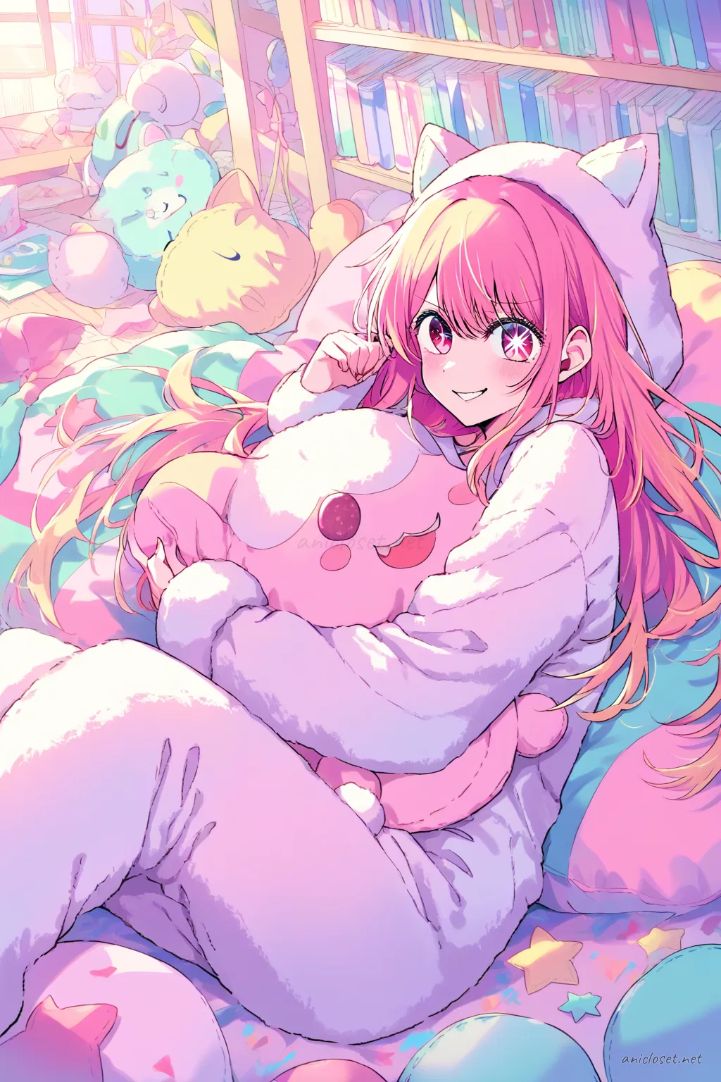 Ruby Hoshino wearing a pastel one-piece animal kigurumi pajama with plush costume-ear hood and paw cuffs, hugging a matching plush on a beanbag in a softly lit room
