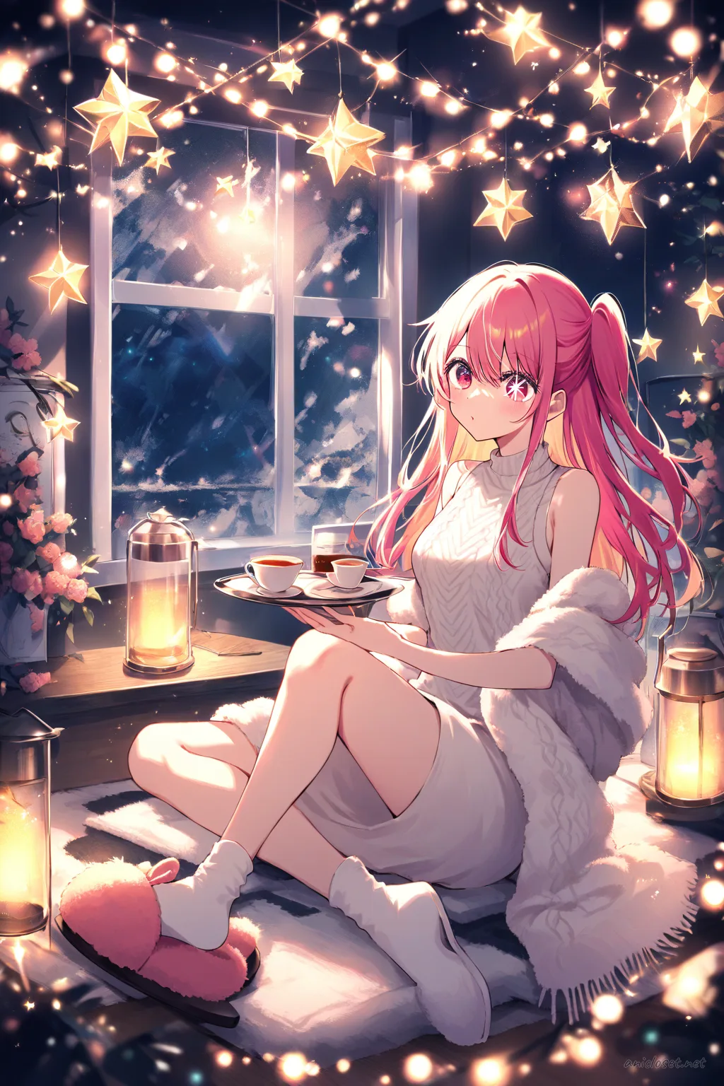 Illustration of Ruby Hoshino wearing a simple sleeveless tee dress with a soft knit shawl, standing with a tea tray and slip-on slippers