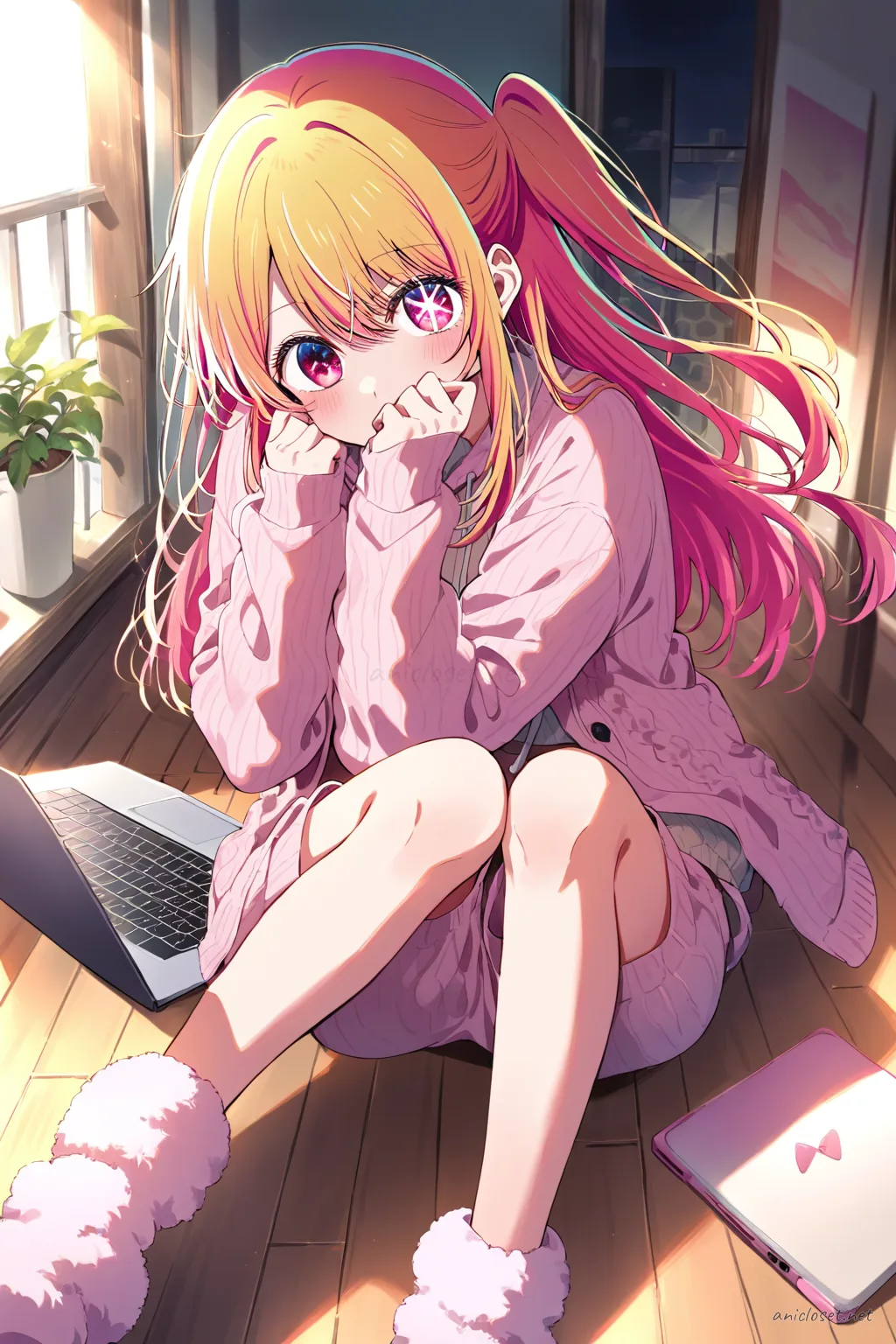 Illustration of Ruby Hoshino lying stomach-down on bed wearing pastel ribbed crop top and drawstring pants, fuzzy socks, using laptop with fairy lights