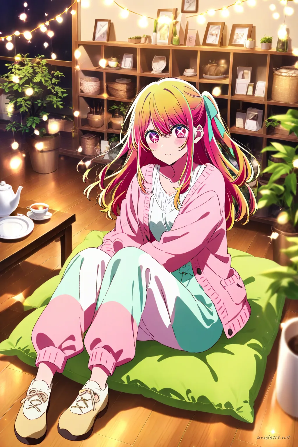 Full body front view of Ruby Hoshino seated cross-legged on a floor cushion wearing a soft knit tank top, short cardigan, wide pastel trousers, and hair ribbon, with a tea tray and indoor plants