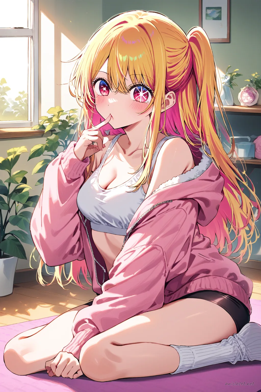 Ruby Hoshino wearing a half-open zip hoodie over a pastel sport bra with black bike shorts and ankle socks, stretching on a yoga mat in a tidy living room