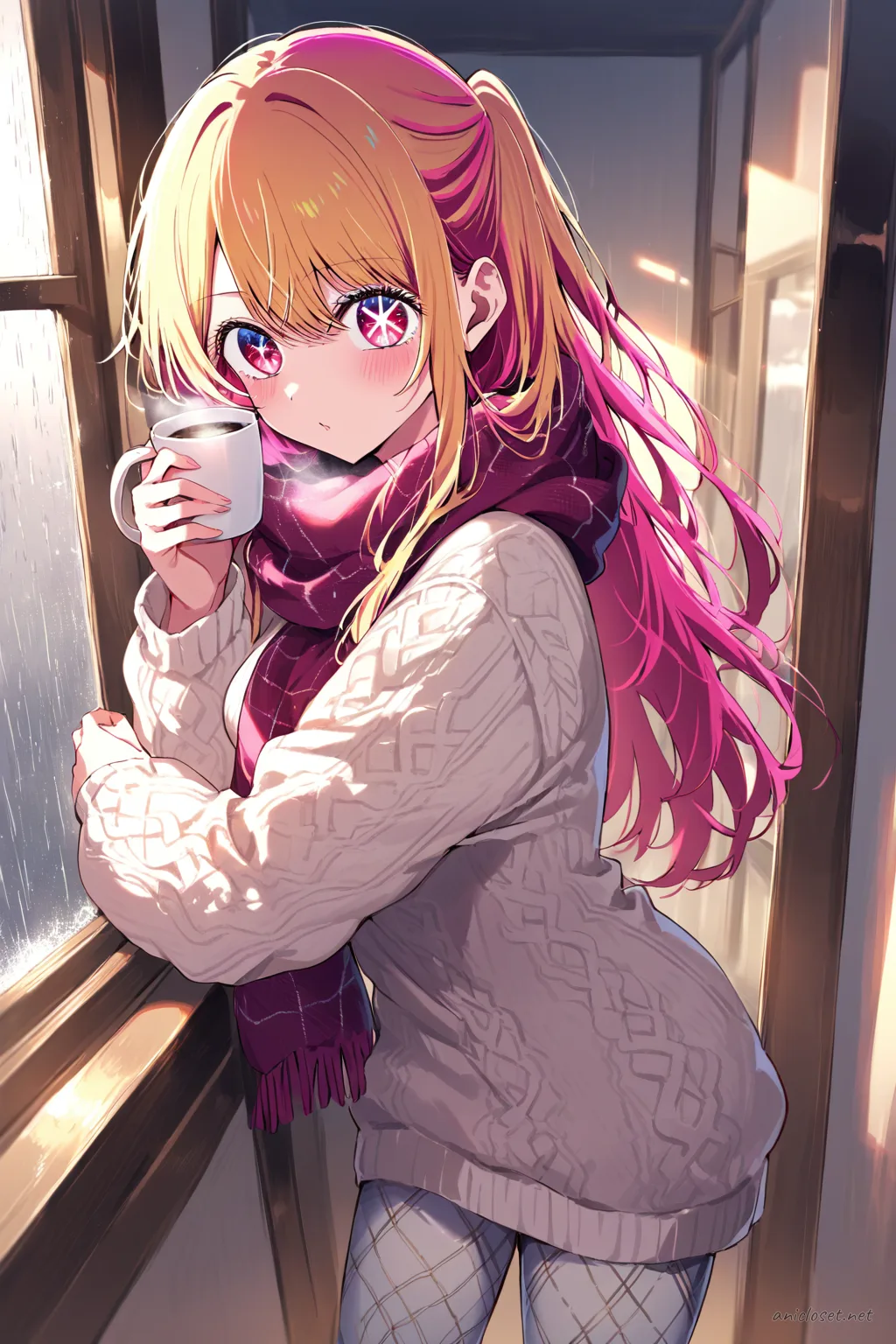 Full body illustration of Ruby Hoshino standing in a long knit tunic over patterned leggings, wearing a thick knit scarf and wool socks with slip-on slippers, holding a ceramic mug, leaning on a balcony door with rain-streaked glass behind