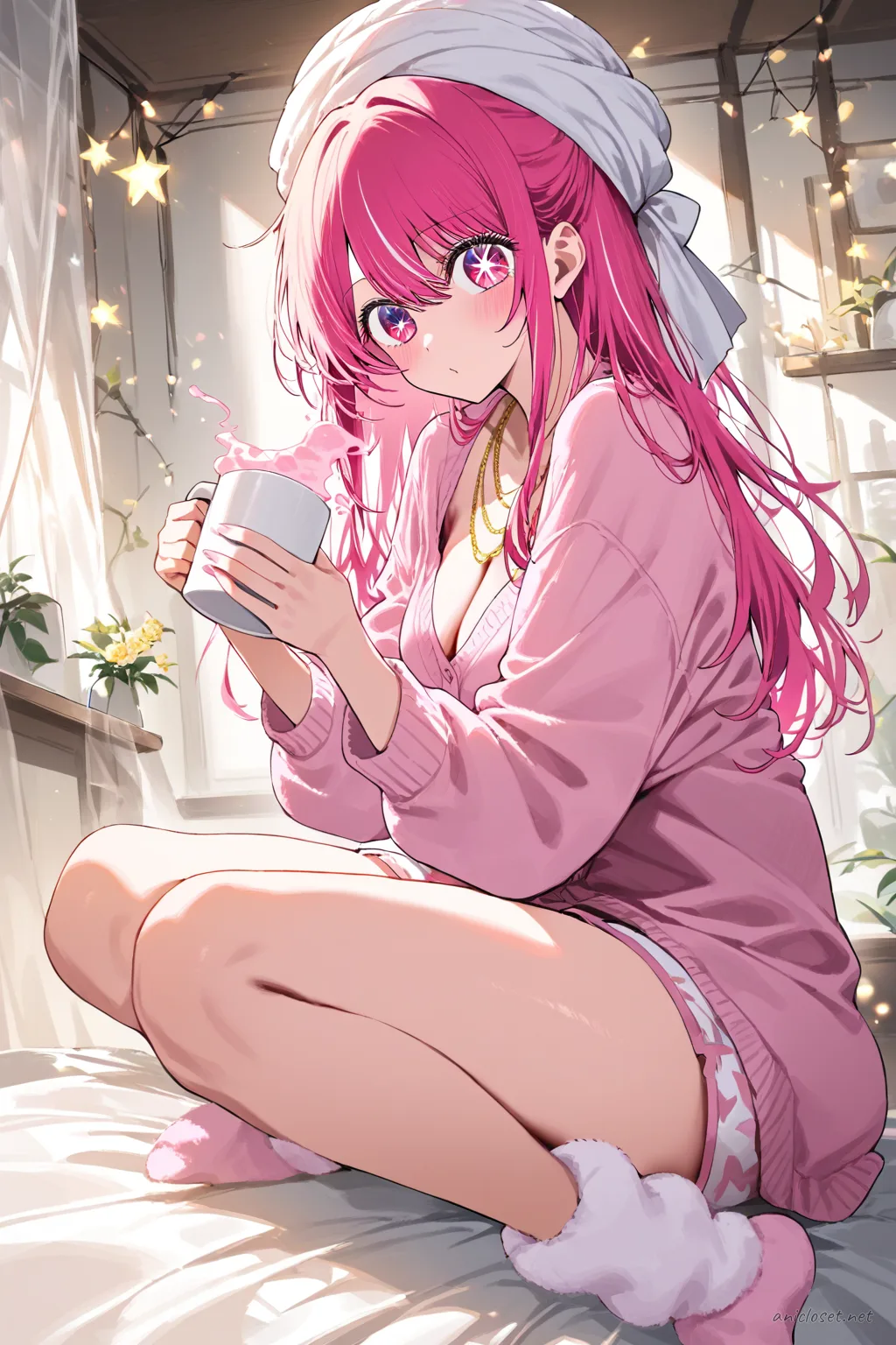 Illustration of Ruby Hoshino brushing hair at vanity mirror wearing oversized white button shirt and pastel pink shorts with towel turban