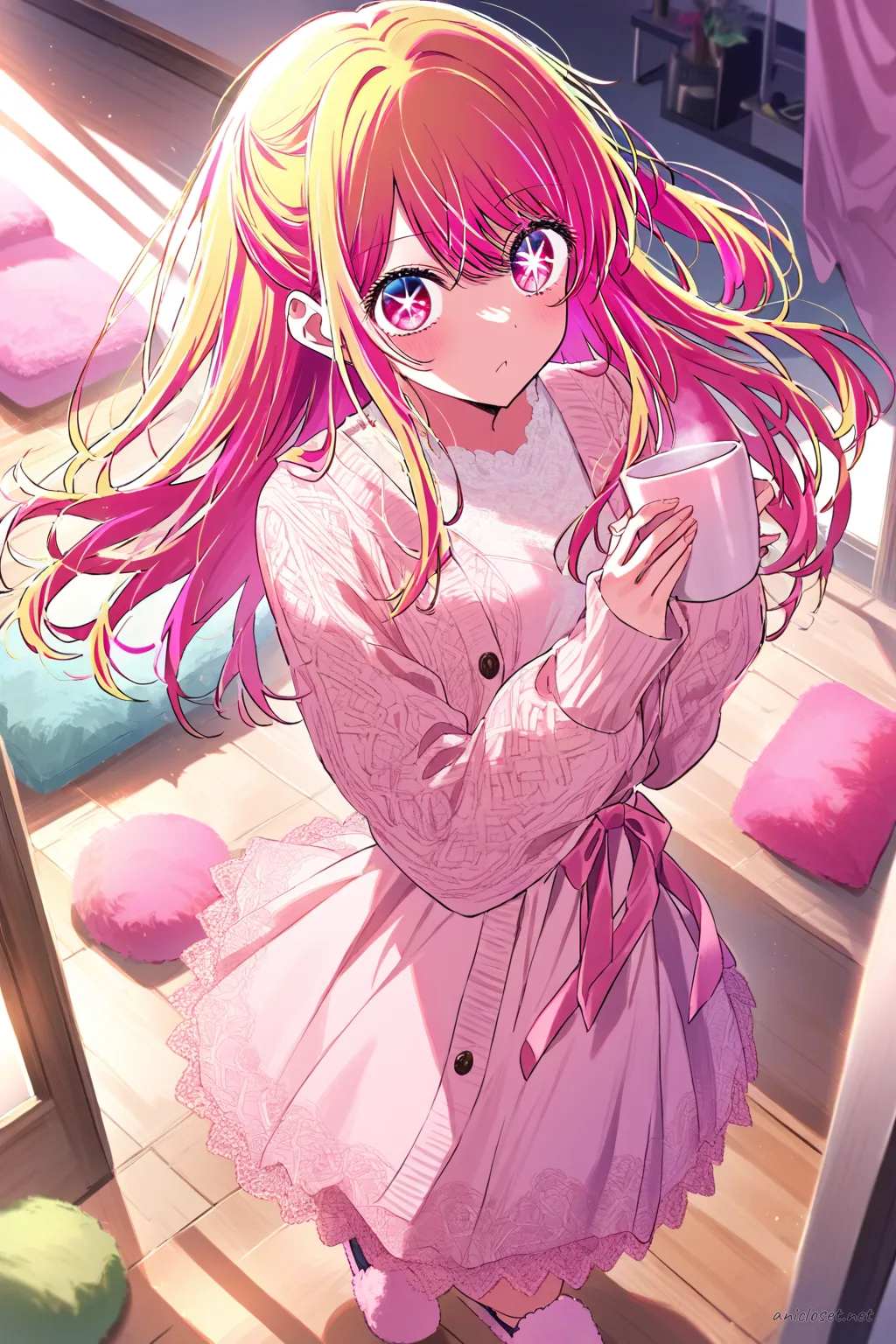 Full body illustration of Ruby Hoshino in a soft pink lace lounge dress with ribbon waist and lace hem, wearing fluffy slippers, standing in a bedroom with hanging clothes and string lights