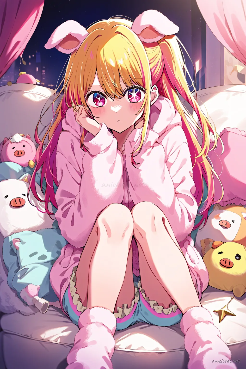 Ruby Hoshino wearing pastel pink animal pajama hoodie with sewn plush pig ears, matching shorts, fuzzy knit socks, layered white long sleeve shirt, holding a soft fleece pillow fort blanket in living room