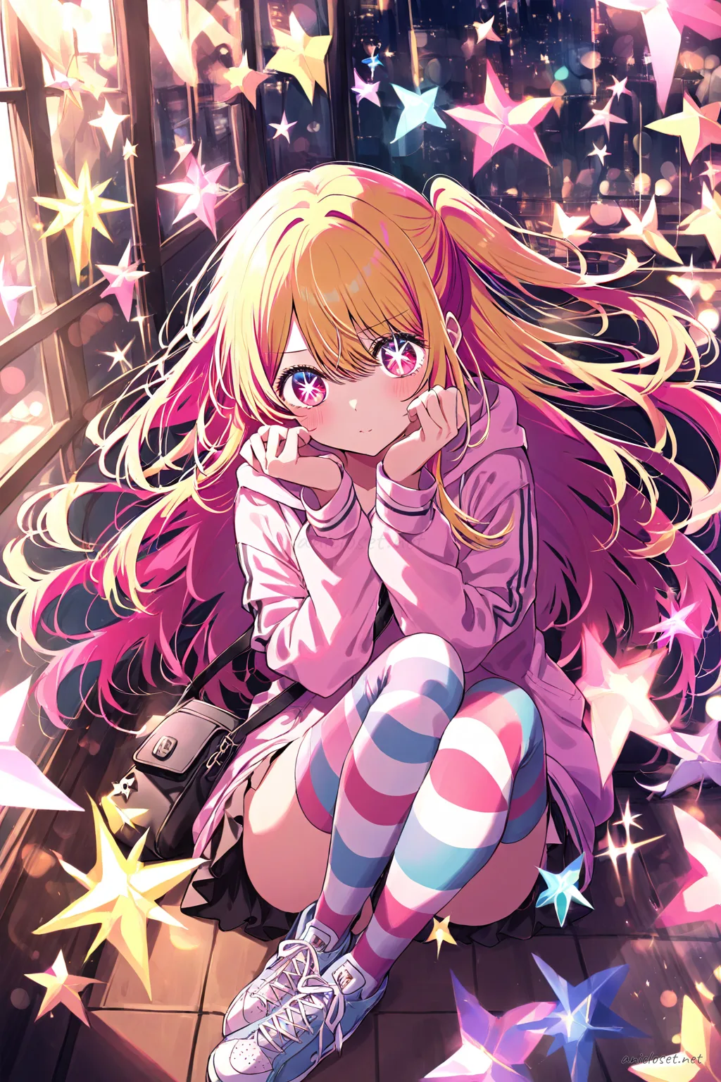 Illustration of Ruby Hoshino wearing a soft pastel hoodie, simple mini skirt, striped thighhigh socks, and clean sneakers, mid-stride on a sunlit shopping street with clear storefronts in the background