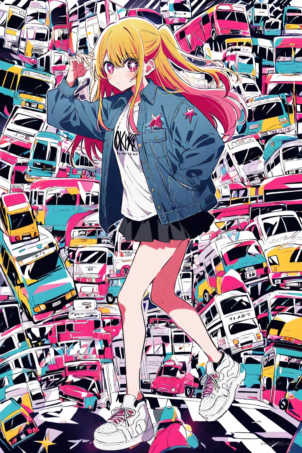 Illustration of Ruby Hoshino wearing a washed denim jacket, graphic tee, pleated mini skirt, chunky sneakers, and crossbody bag at a city crosswalk
