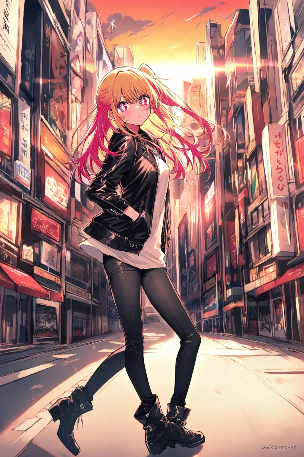 Illustration of Ruby Hoshino wearing a fitted leather jacket, plain white t-shirt, slim black jeans, and black ankle boots