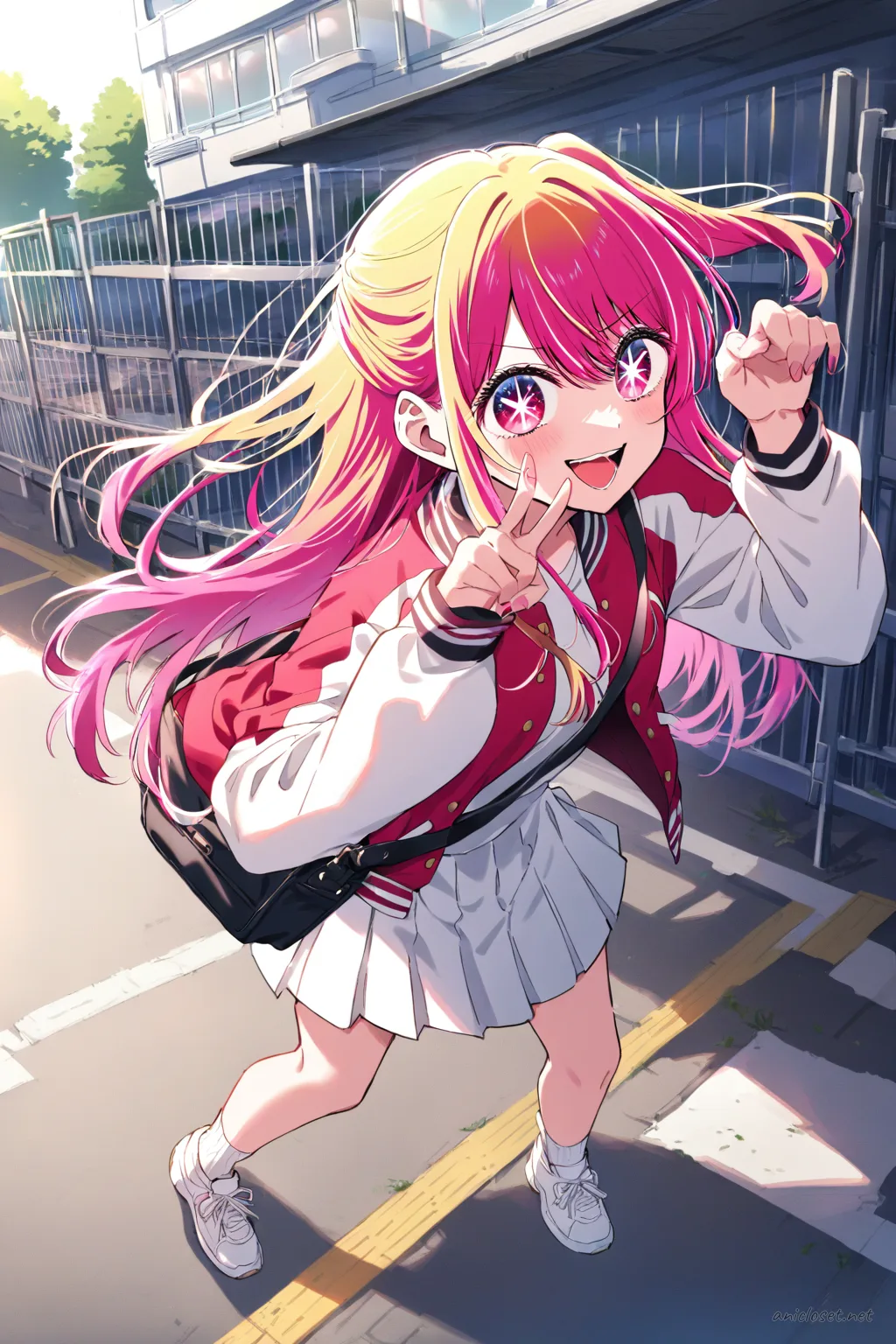 Illustration of Ruby Hoshino wearing a varsity jacket, tennis skirt, over-the-knee socks, and sneakers, posing with a peace sign outside a school gate with bike racks and late-afternoon shadows
