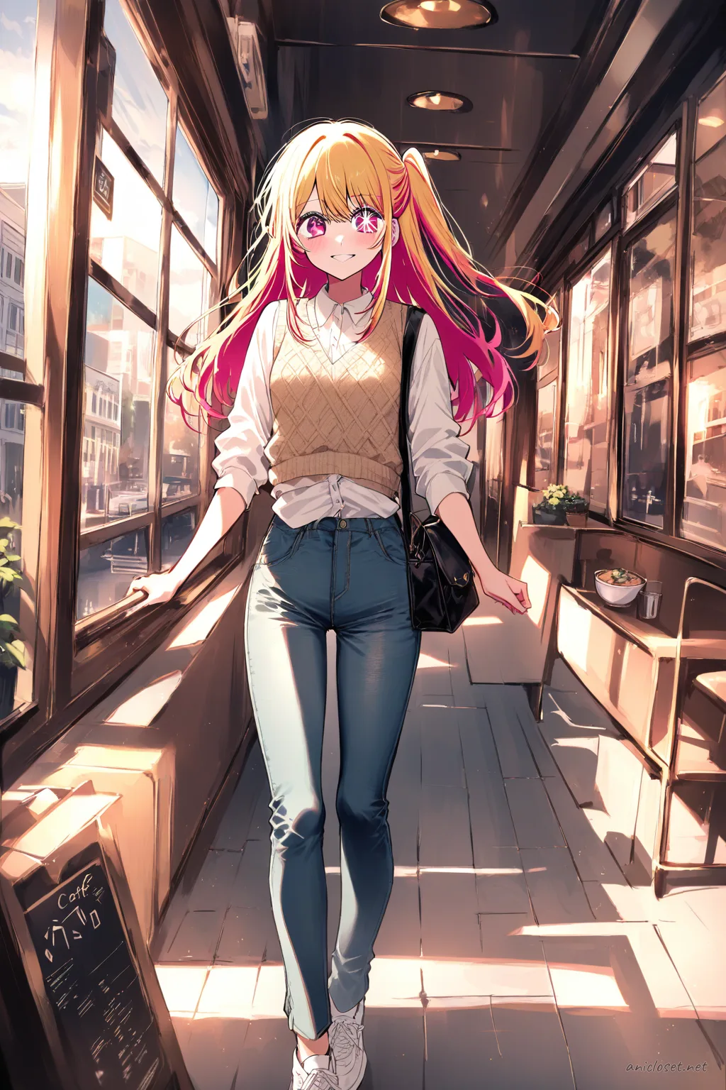 Full body front view illustration of Ruby Hoshino wearing a simple knit vest over a fitted long sleeve button-up shirt, straight-leg pants, and loafers