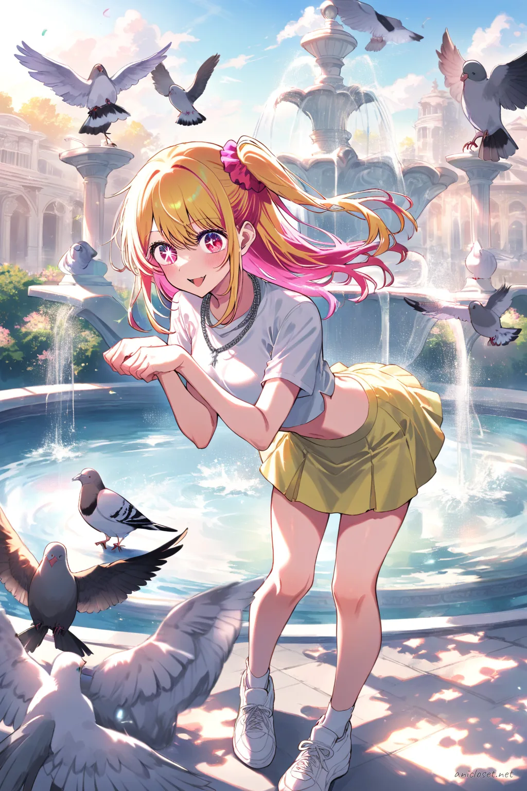 Illustration of Ruby Hoshino in a white tee, navy tennis skirt, white sneakers, and single scrunchie standing casually in a sunlit plaza with pigeons nearby