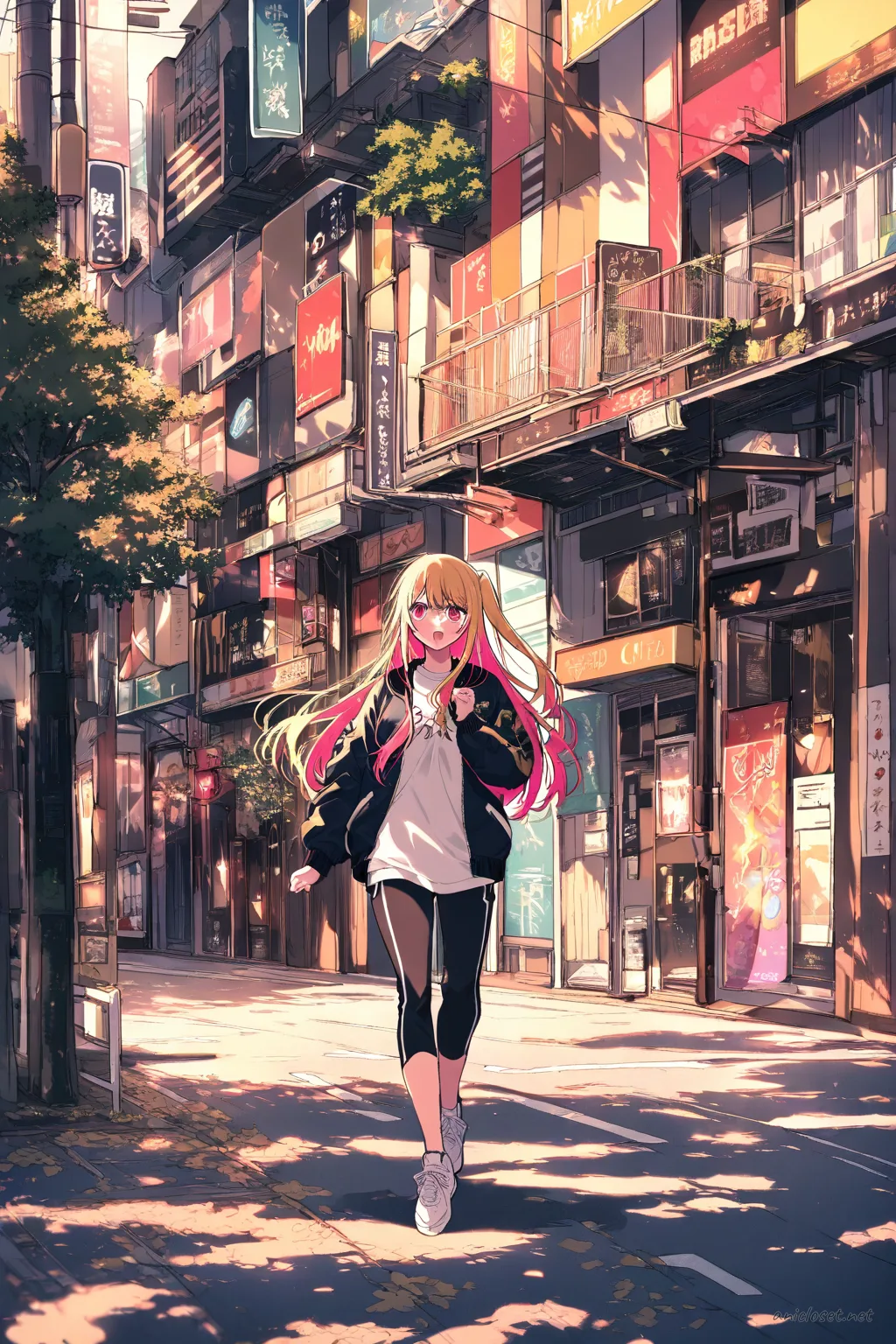 Illustration of Ruby Hoshino in a black bomber jacket, white t-shirt, and black slim joggers with white sneakers, knee-up view with city bokeh background
