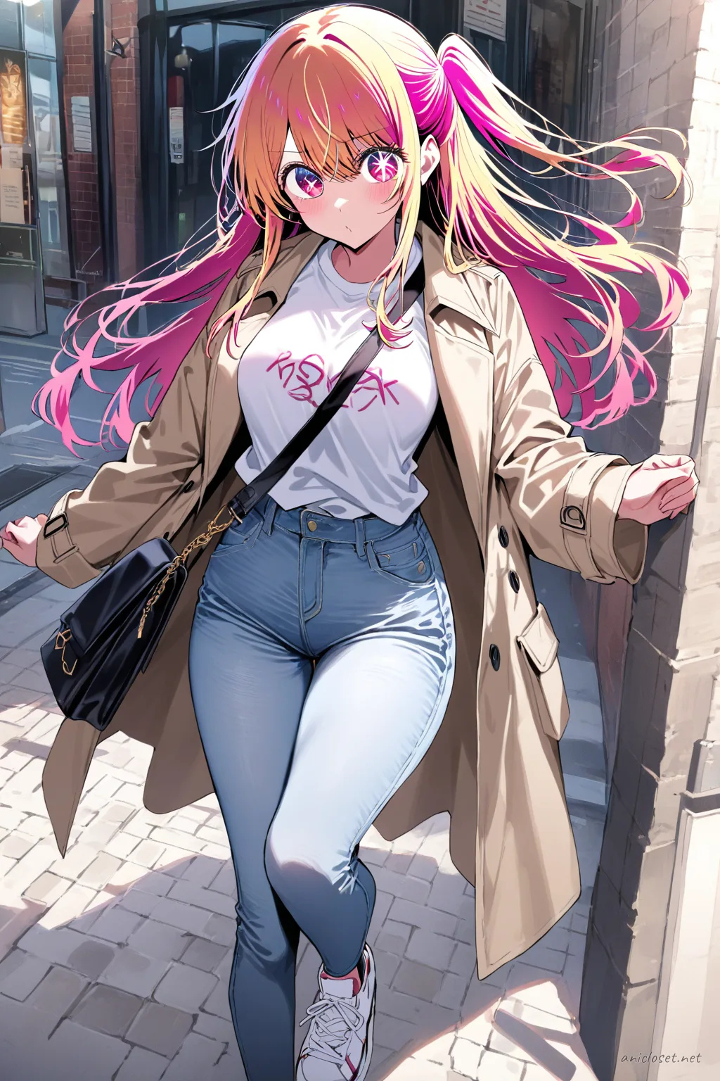 Illustration of Ruby Hoshino wearing a simple white t-shirt, straight-leg jeans, and white sneakers in a casual street style