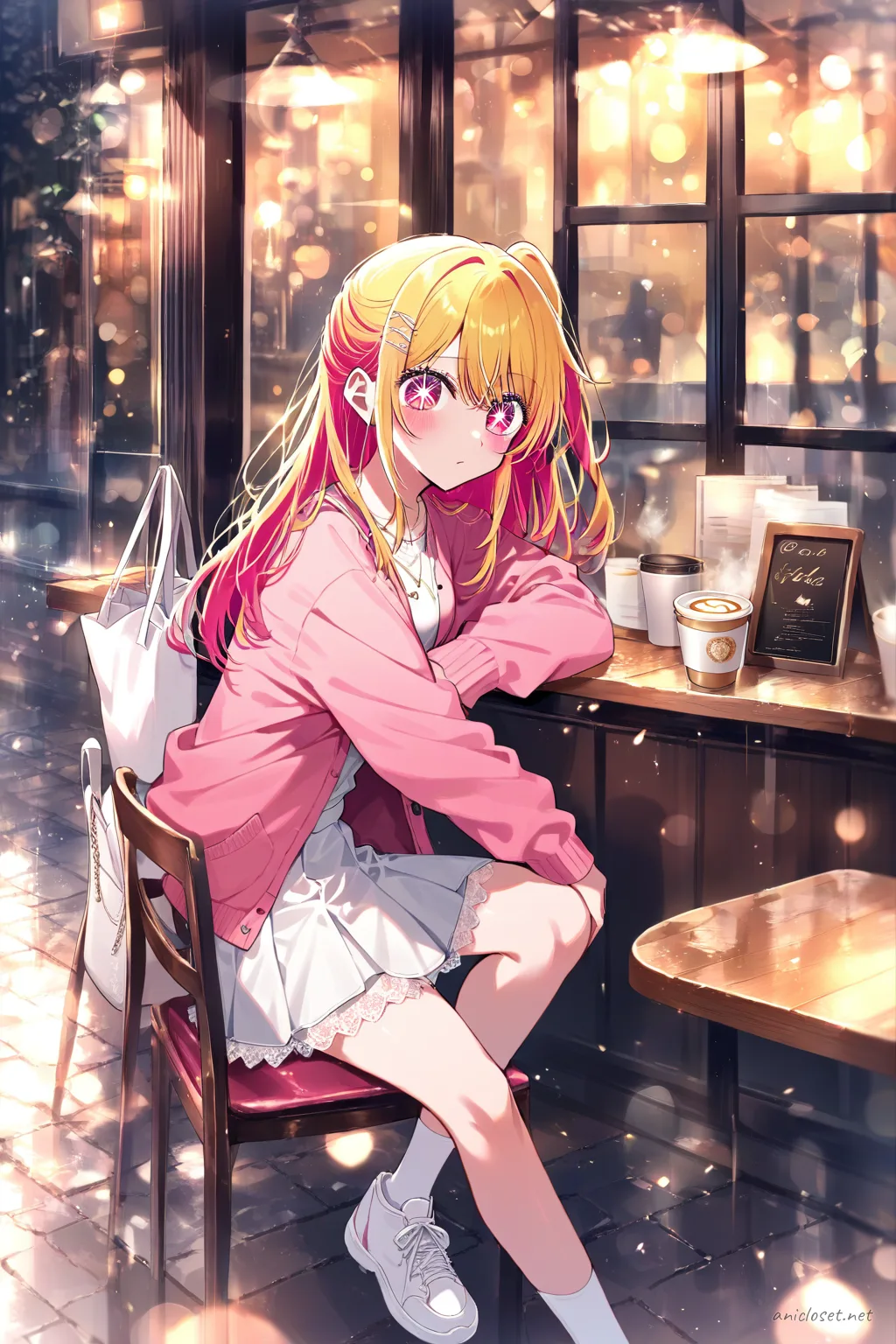 Ruby Hoshino seated by a cafe window wearing a pastel cardigan, simple A-line mini skirt, slip-on flats, and carrying a small tote bag under soft daylight