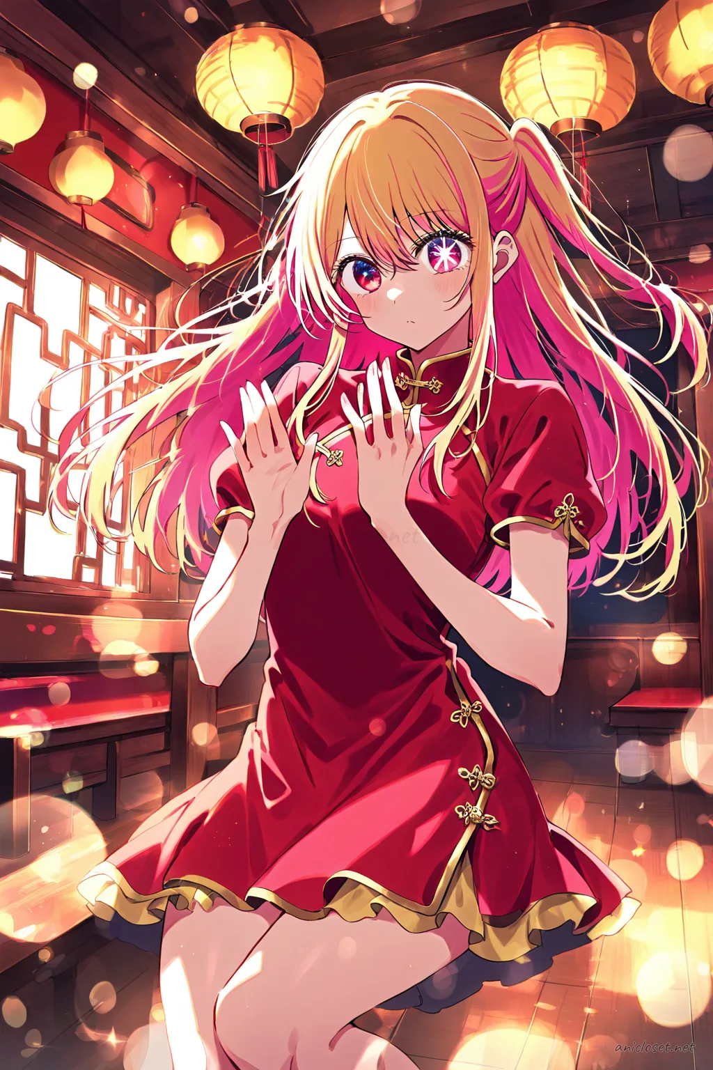 Full body front view of Ruby Hoshino wearing a knee-length red qipao with gold trim and minimal frog buttons, paired with shoes