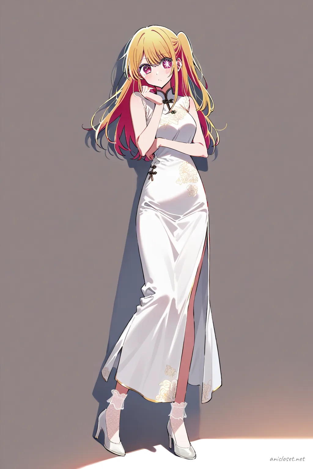 Illustration of Ruby Hoshino wearing a white silk qipao with soft lace trim and delicate frog buttons
