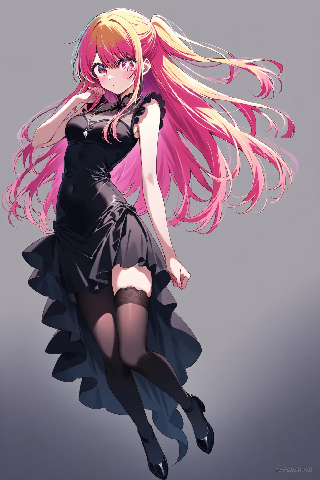 Full-body illustration of Ruby Hoshino in black gothic qipao with high collar and lace panels, standing on clean studio backdrop
