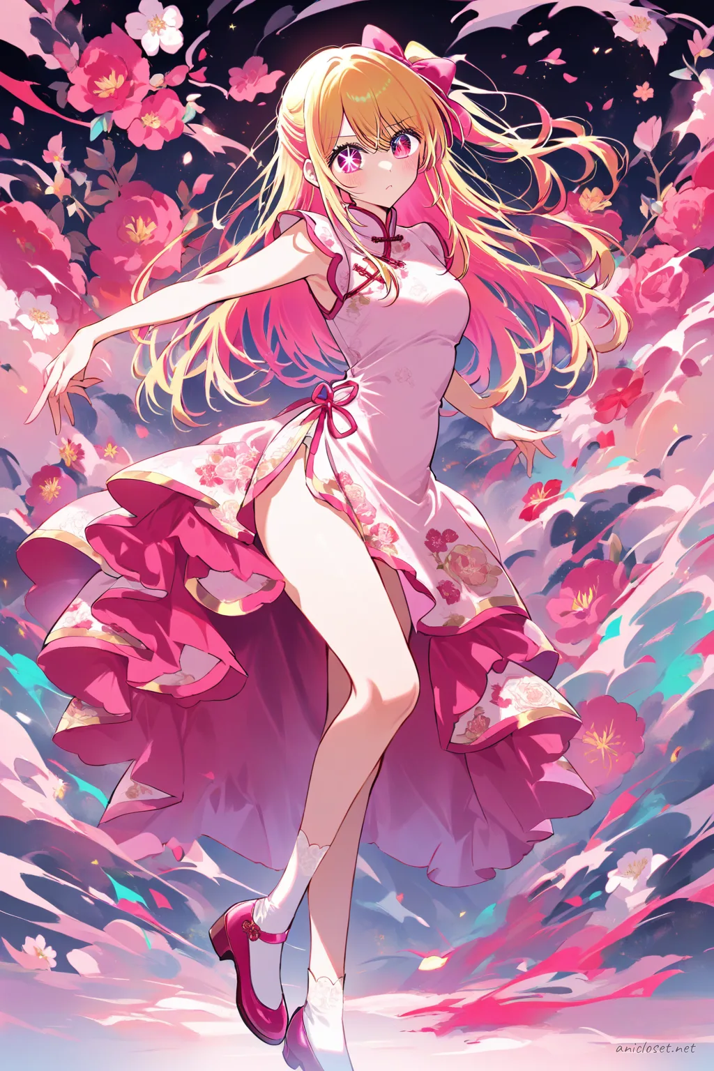 Illustration of Ruby Hoshino wearing a pastel pink qipao with floral pattern, mandarin collar, side slit, silk fabric, lace trim, and hair ribbon