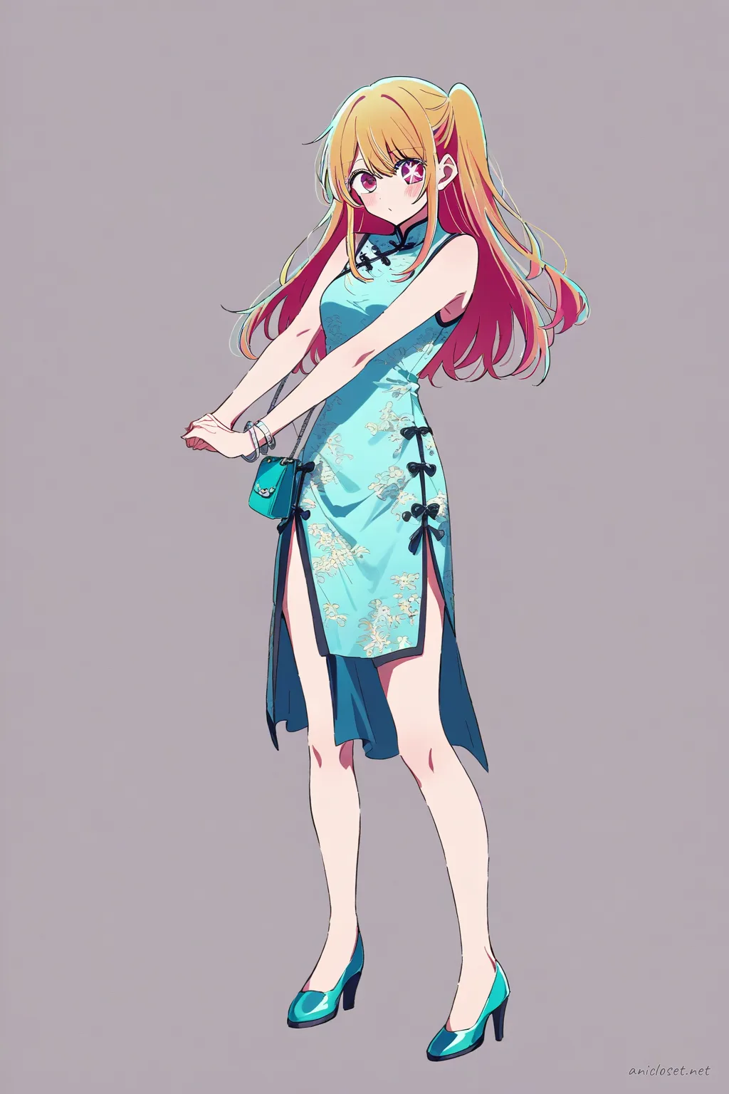 Full-body illustration of Ruby Hoshino wearing a modern short teal qipao dress with mandarin collar, side slits, high heels, and carrying a small handbag against a clean studio backdrop
