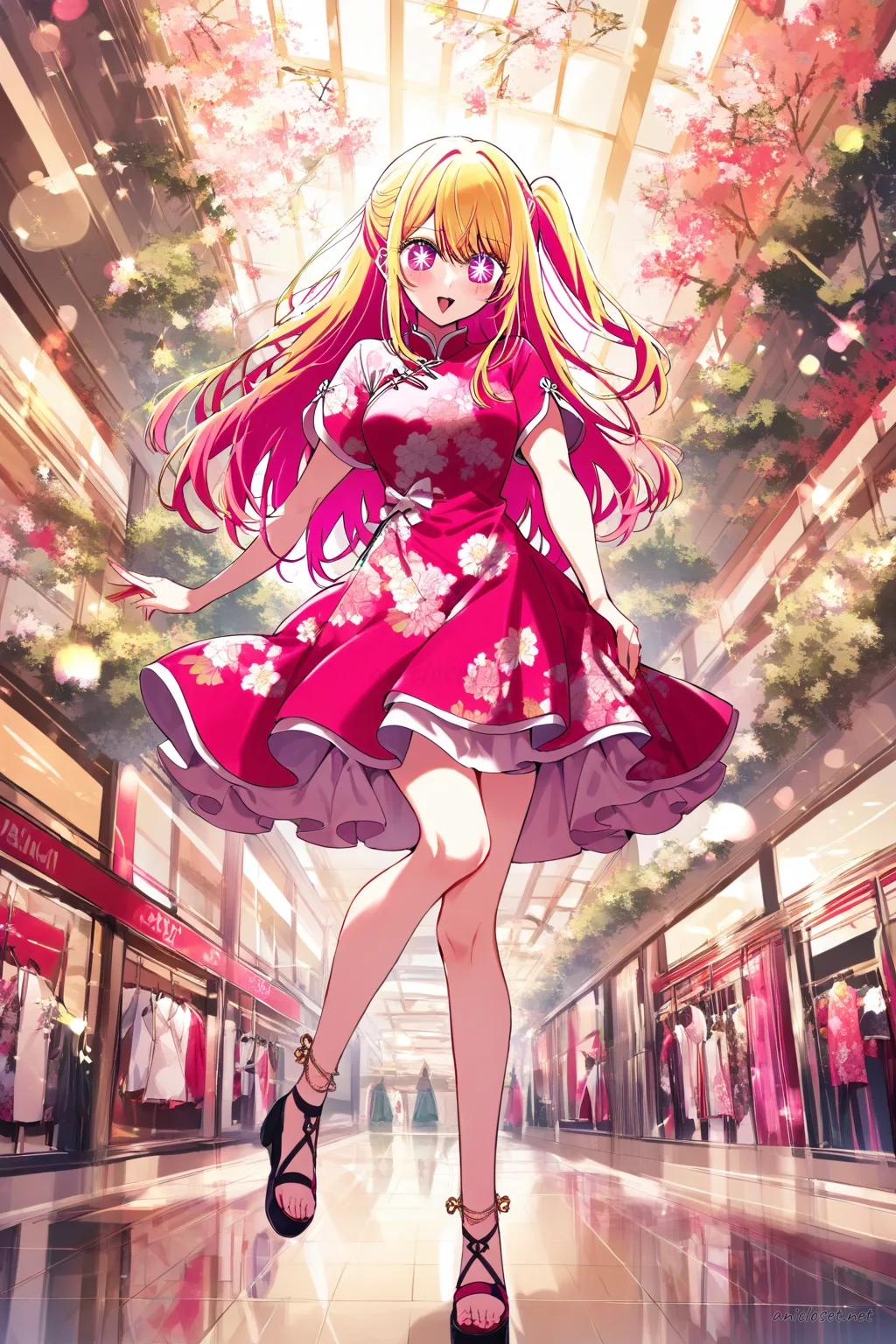 Illustration of Ruby Hoshino wearing a short-sleeve summer qipao with floral pattern, airy flared hem, side slits, ankle strap sandals, and delicate ankle bracelet