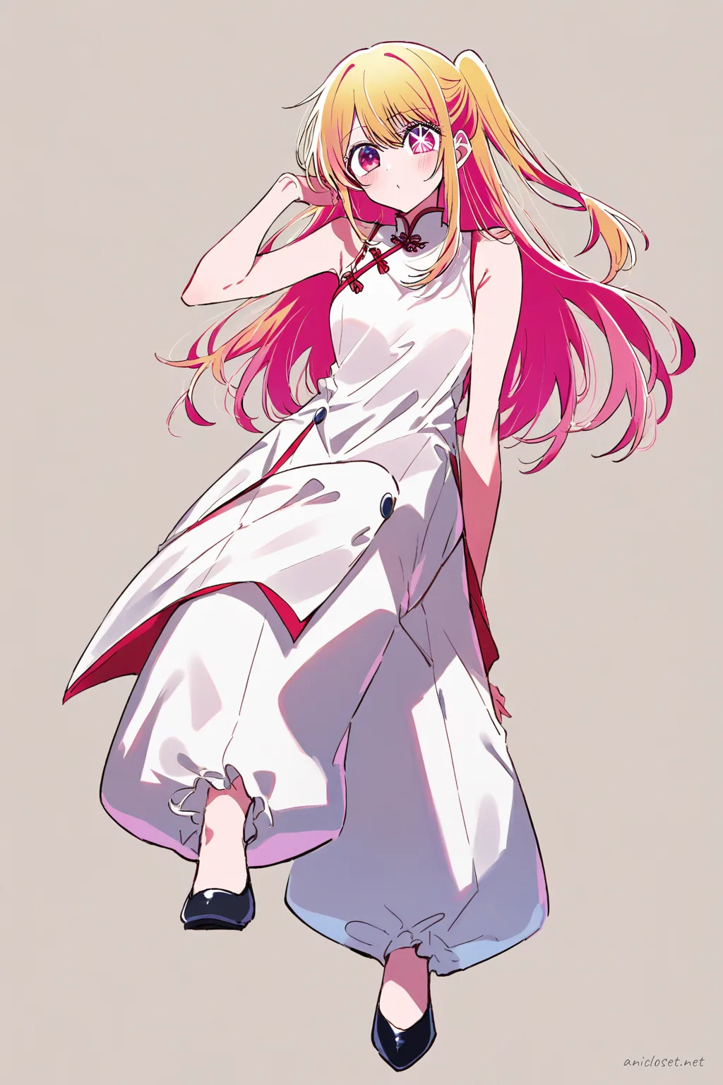 Illustration of Ruby Hoshino wearing a simple qipao with straight wide trousers and flat slippers