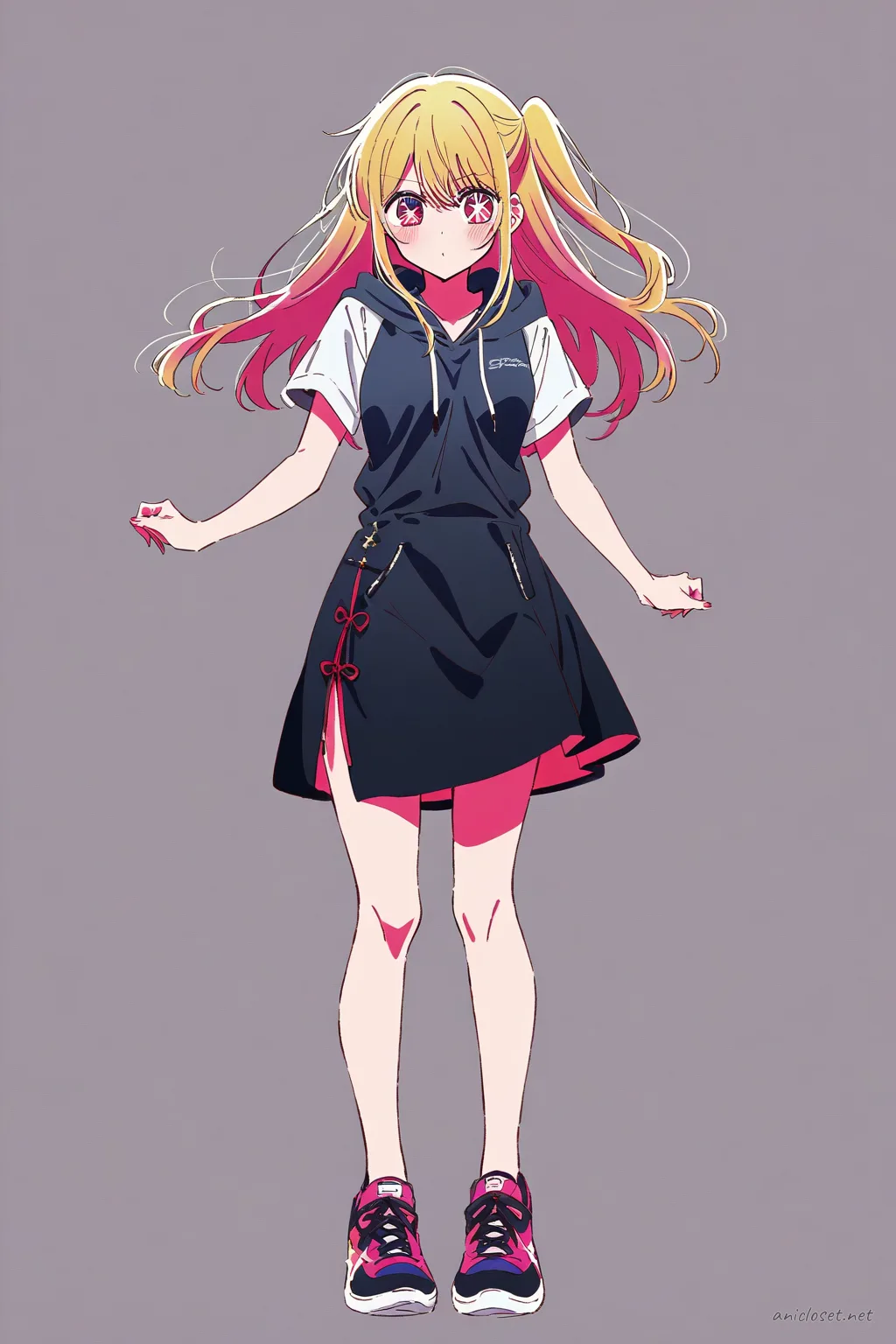 Illustration of Ruby Hoshino wearing a fitted qipao dress layered with a street hoodie and sneakers