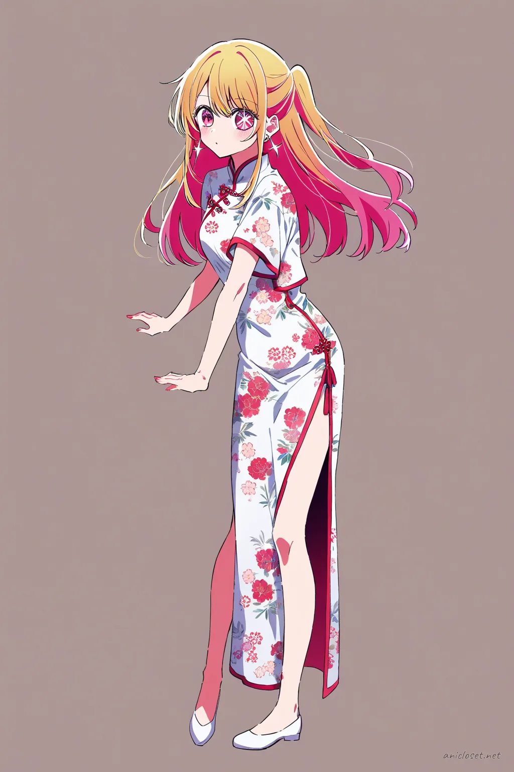 Knee-up half-body illustration of Ruby Hoshino wearing a light blue sleeveless qipao with minimal floral print and side slit under soft studio lighting