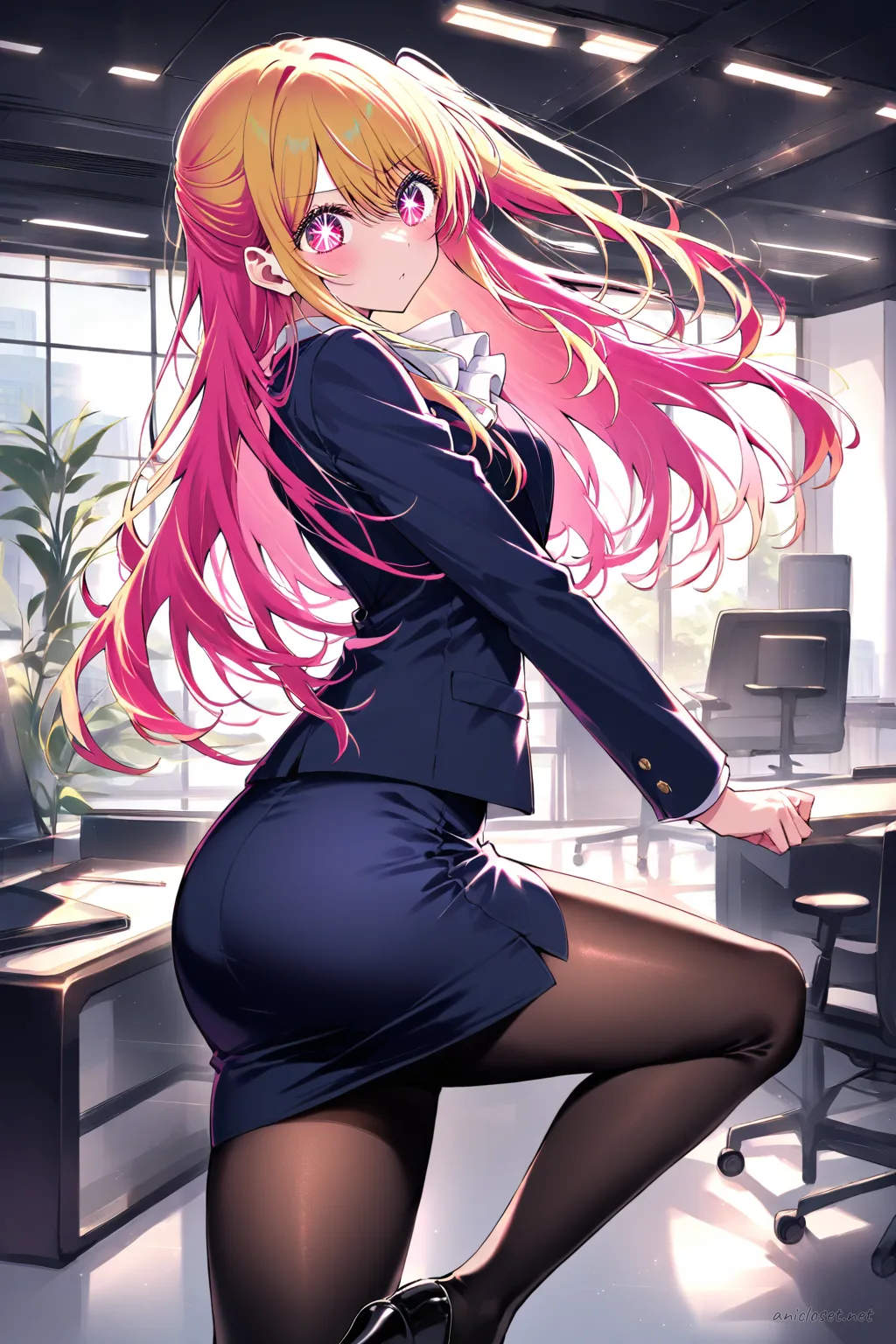 Ruby Hoshino in navy pencil skirt suit and fitted blazer standing by glass office window with city view