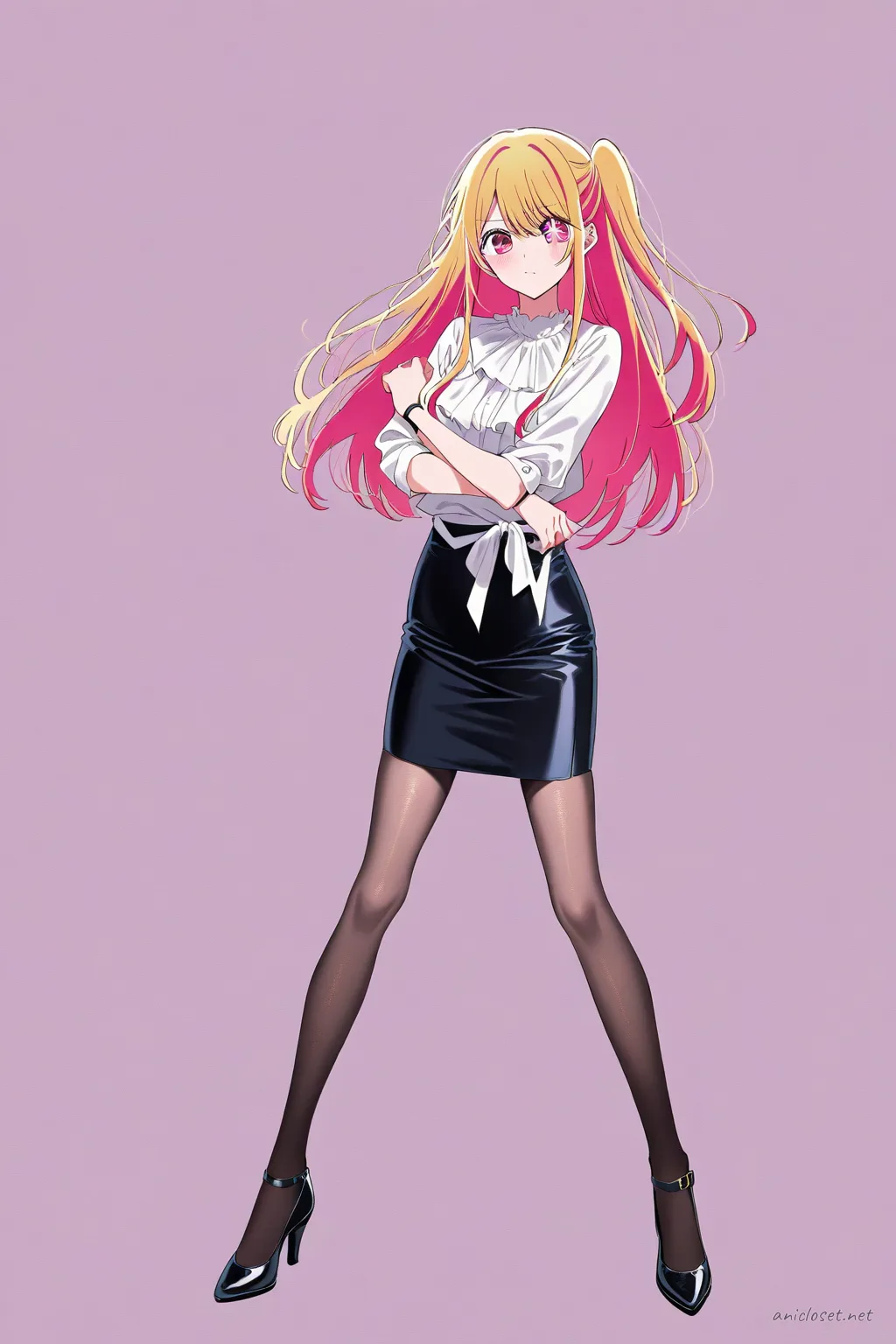 Ruby Hoshino standing in a modern lobby wearing a black slim pencil skirt, white blouse with ribbon tie, sheer black tights, and black pumps