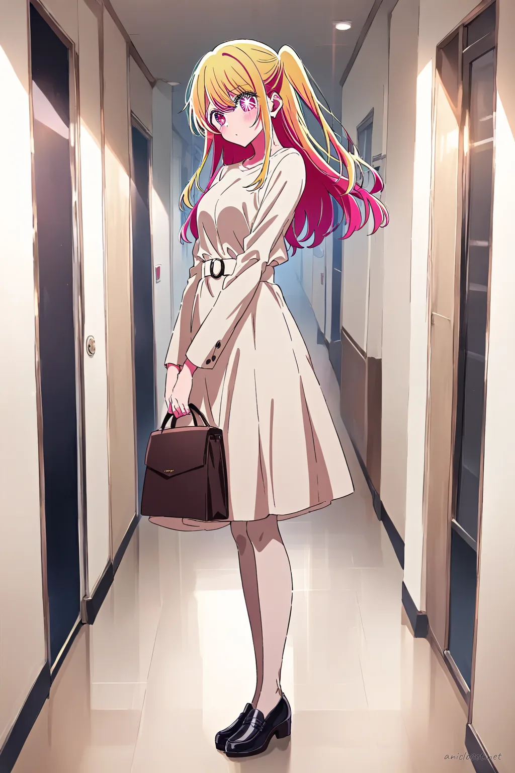 Full body illustration of Ruby Hoshino in beige tailored blazer dress with belted waist, knee-length skirt, simple loafers, standing with leather tote