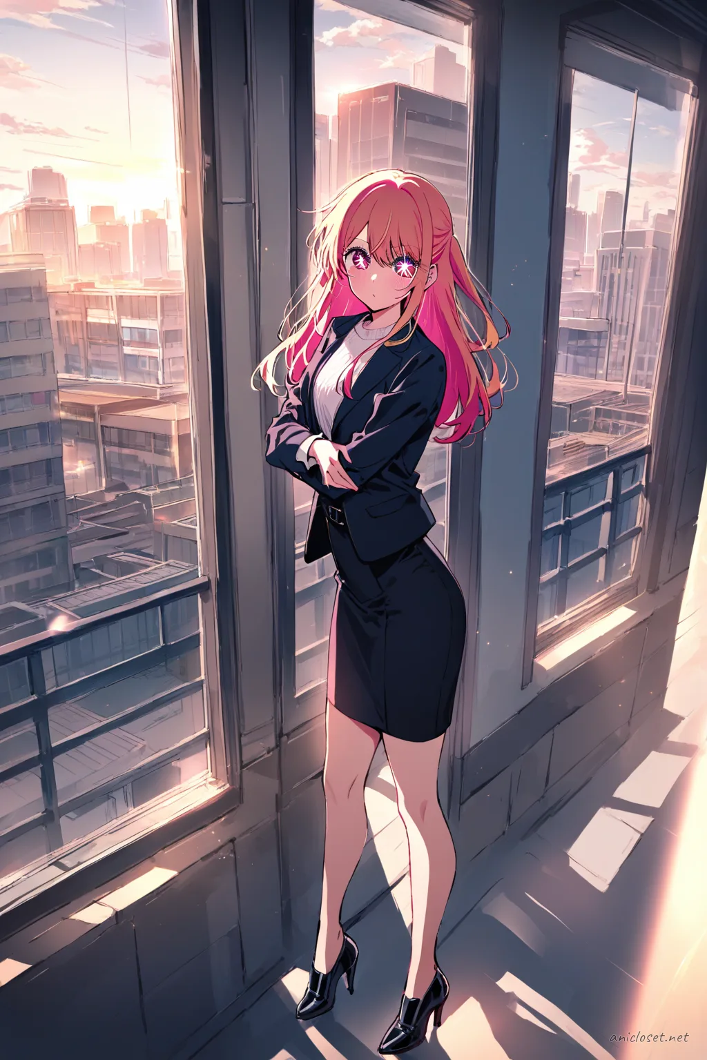 Ruby Hoshino in wine sheath dress and open black blazer, standing pose with pointed heels on clean studio backdrop