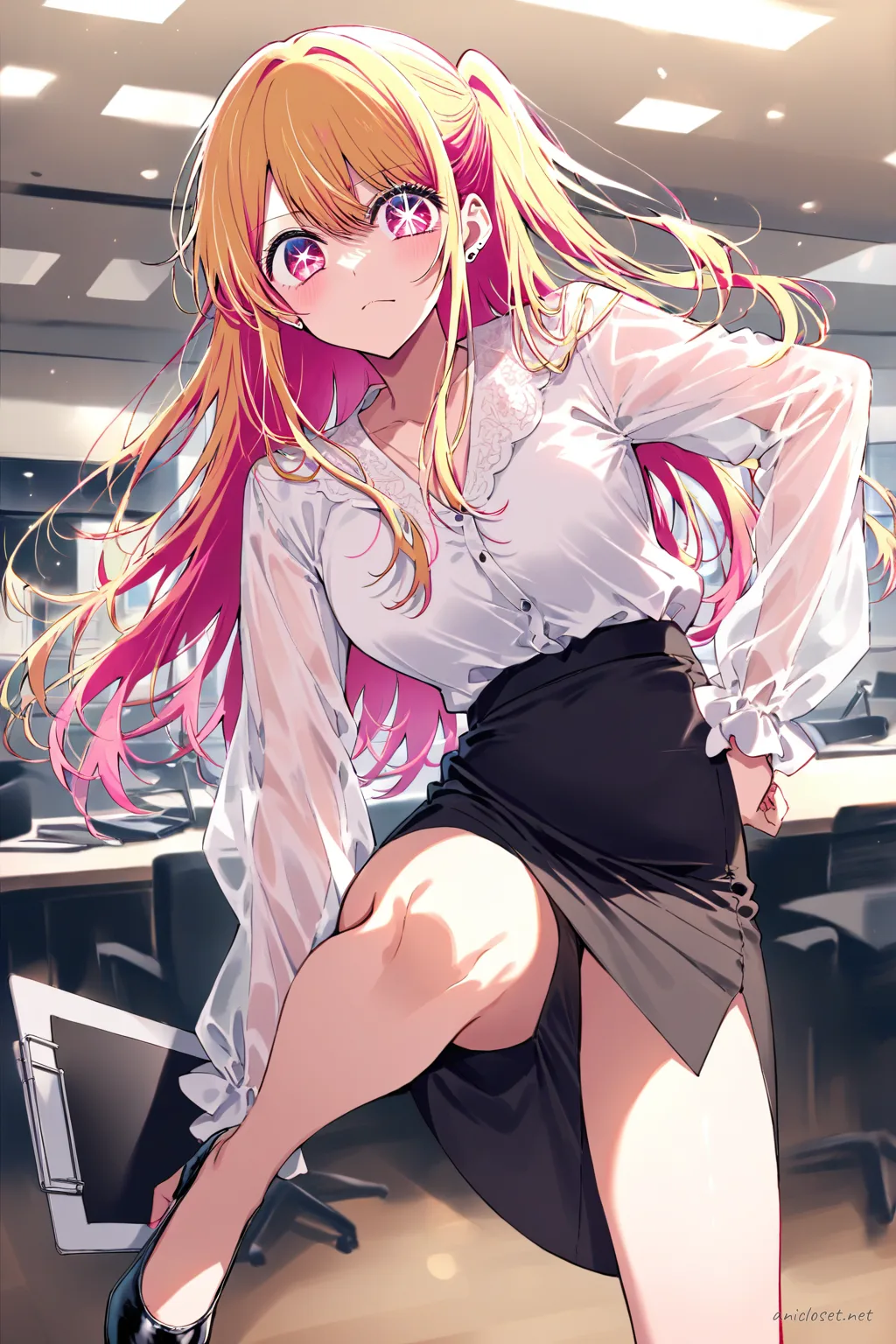 Ruby Hoshino wearing a white blouse with sheer sleeves tucked into a black midi pencil skirt, holding a clipboard in a bright conference room