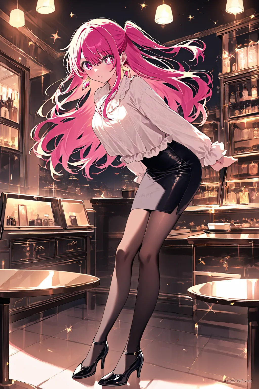 Full-body illustration of Ruby Hoshino in a black tailored blazer, white blouse, black pencil skirt, sheer tights, and black pumps, standing in a sleek office space