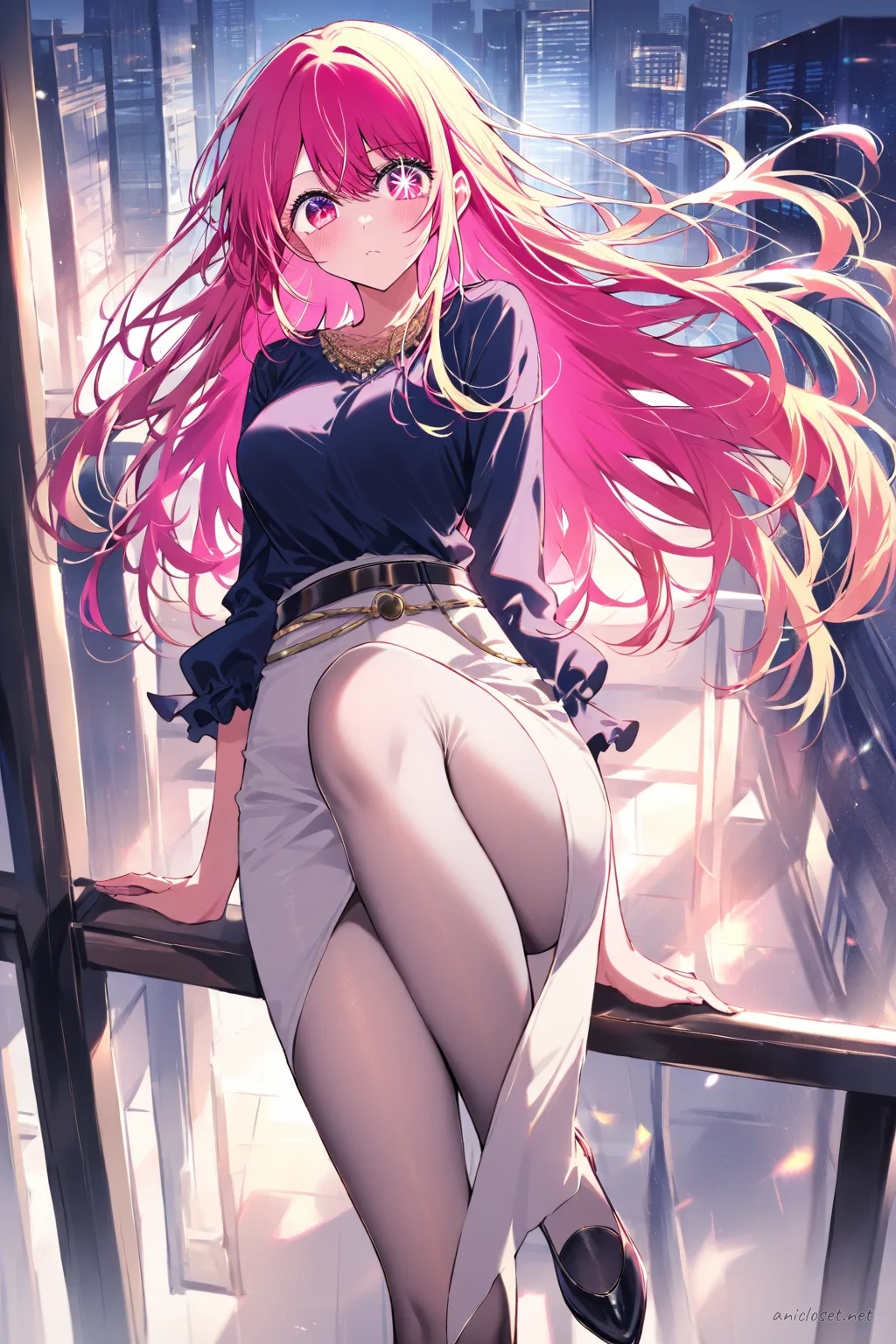 Ruby Hoshino in navy wrap blouse and knee-length pencil skirt, leaning on balcony railing with wind blowing her hair