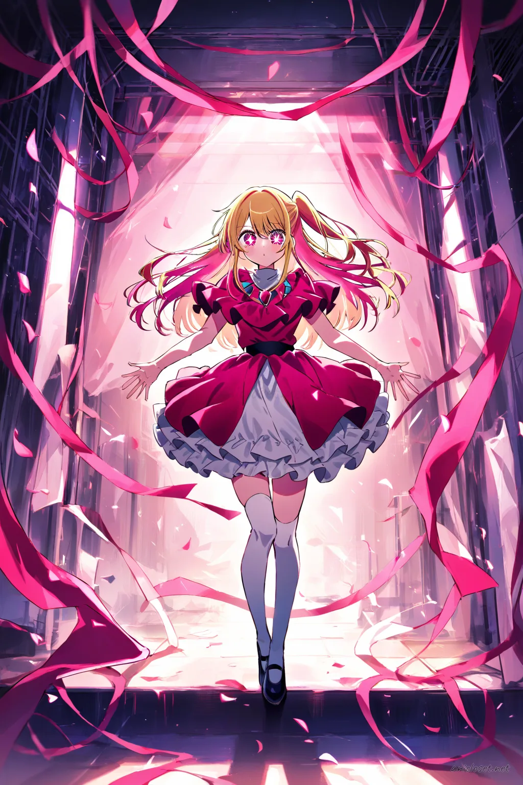 Knee-up half-body illustration of Ruby Hoshino wearing a frilly idol mini dress with layered skirt, large stage bow, white thighhigh socks with ribbon tops, and mary janes under soft studio lighting